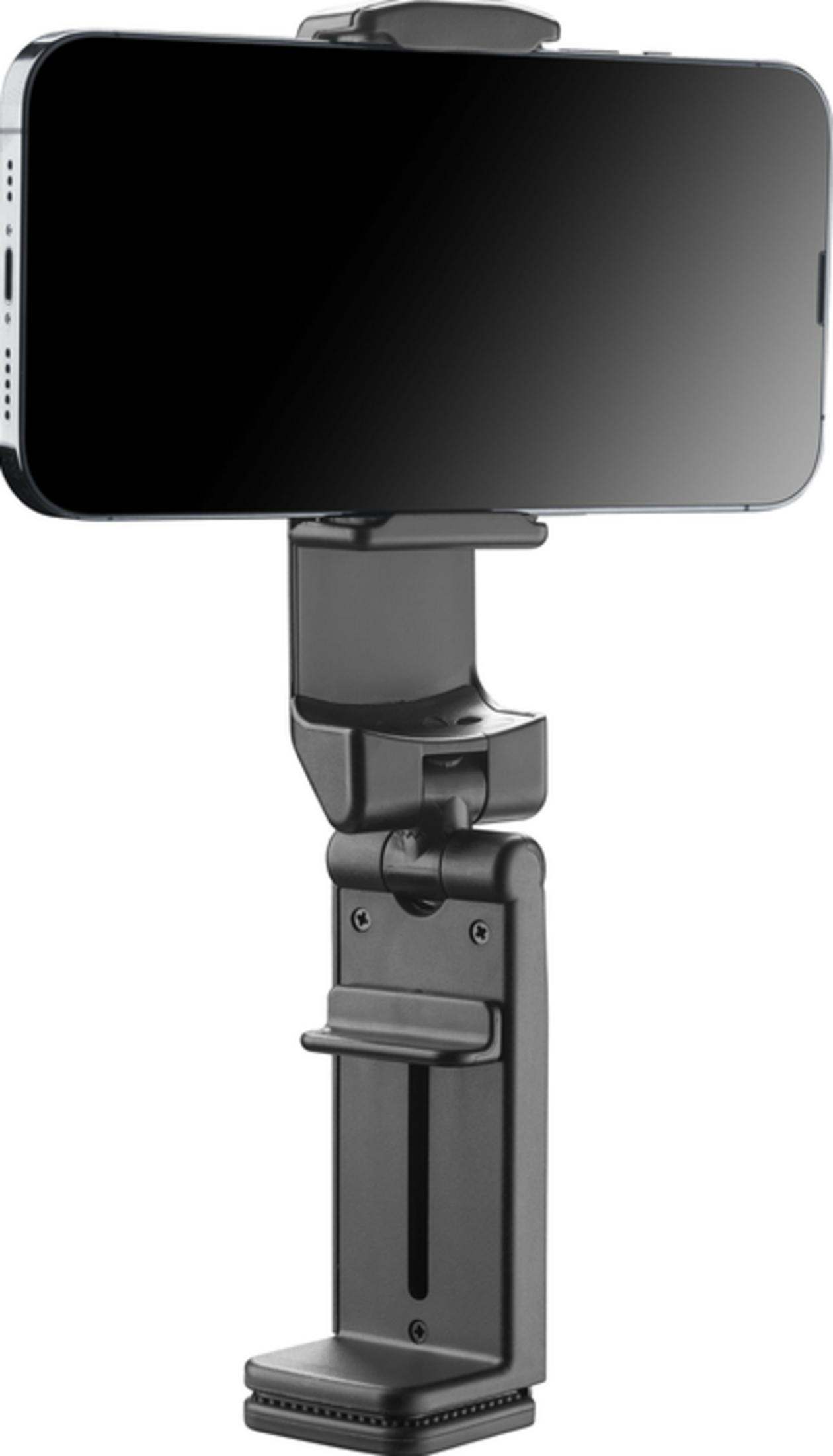 Un supporto nero per smartphone con giunto regolabile su sfondo bianco.