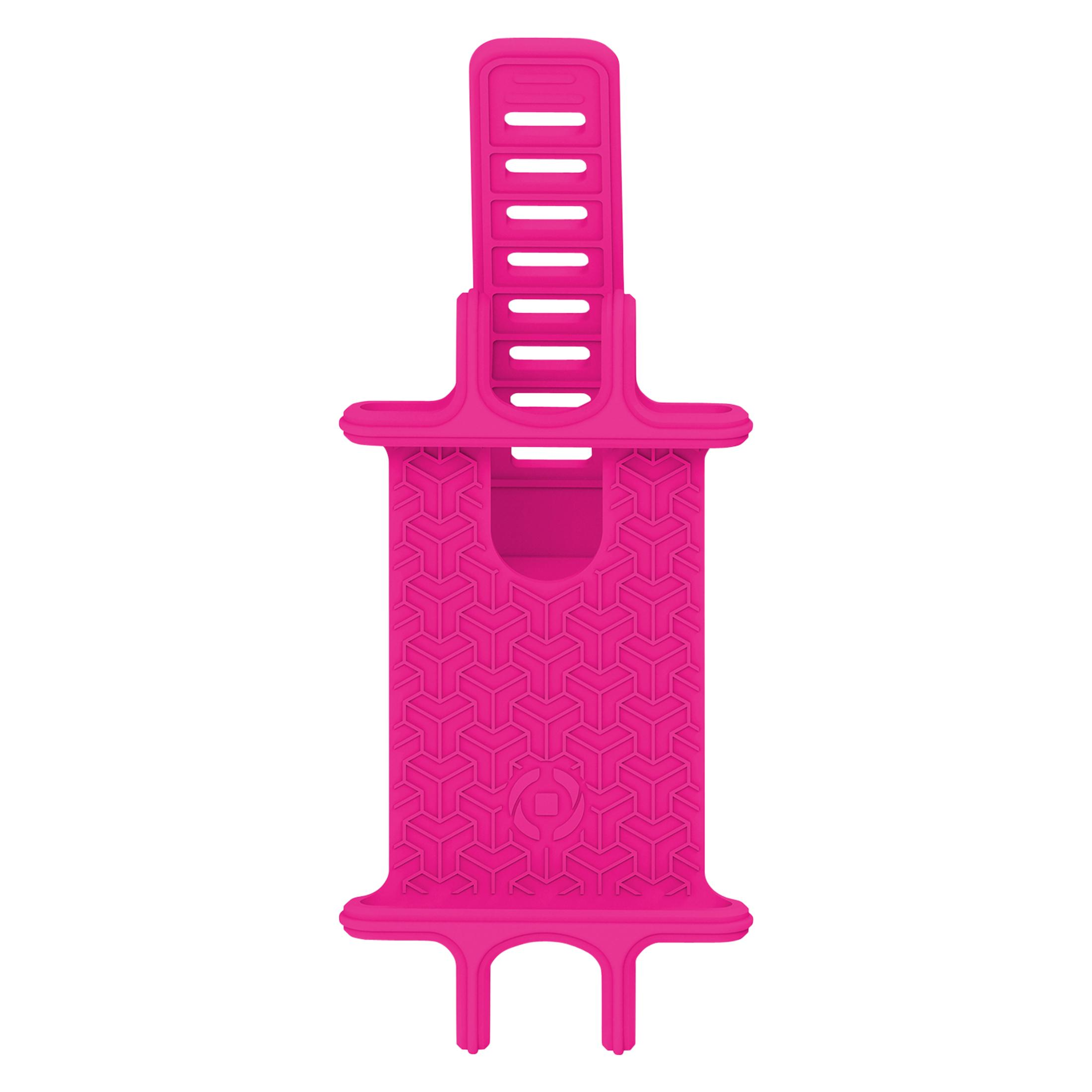 Un soporte rosa brillante para teléfono con ranuras y patrón geométrico.