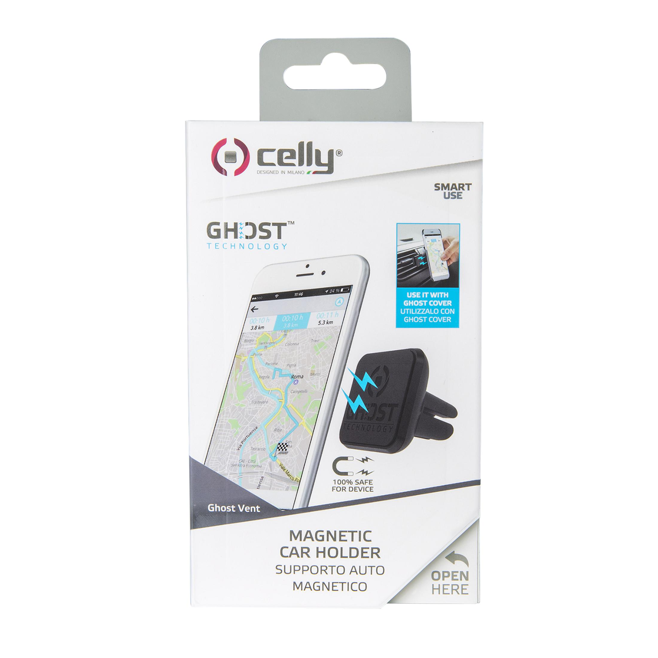 Embalaje de un soporte magnético para coche Celly Ghost con navegación en el móvil.