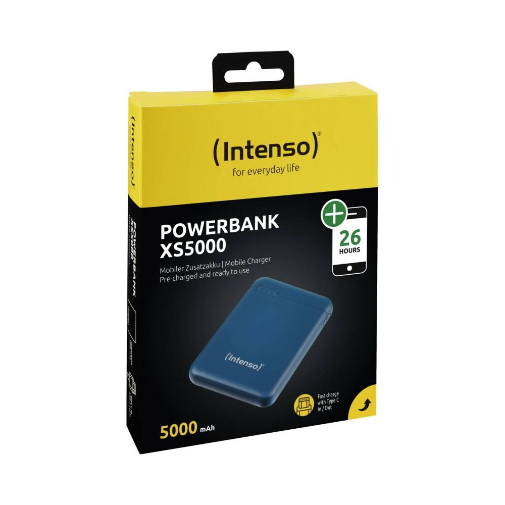 Verpackung einer blauen Intenso Powerbank XS5000 mit 5000 mAh.