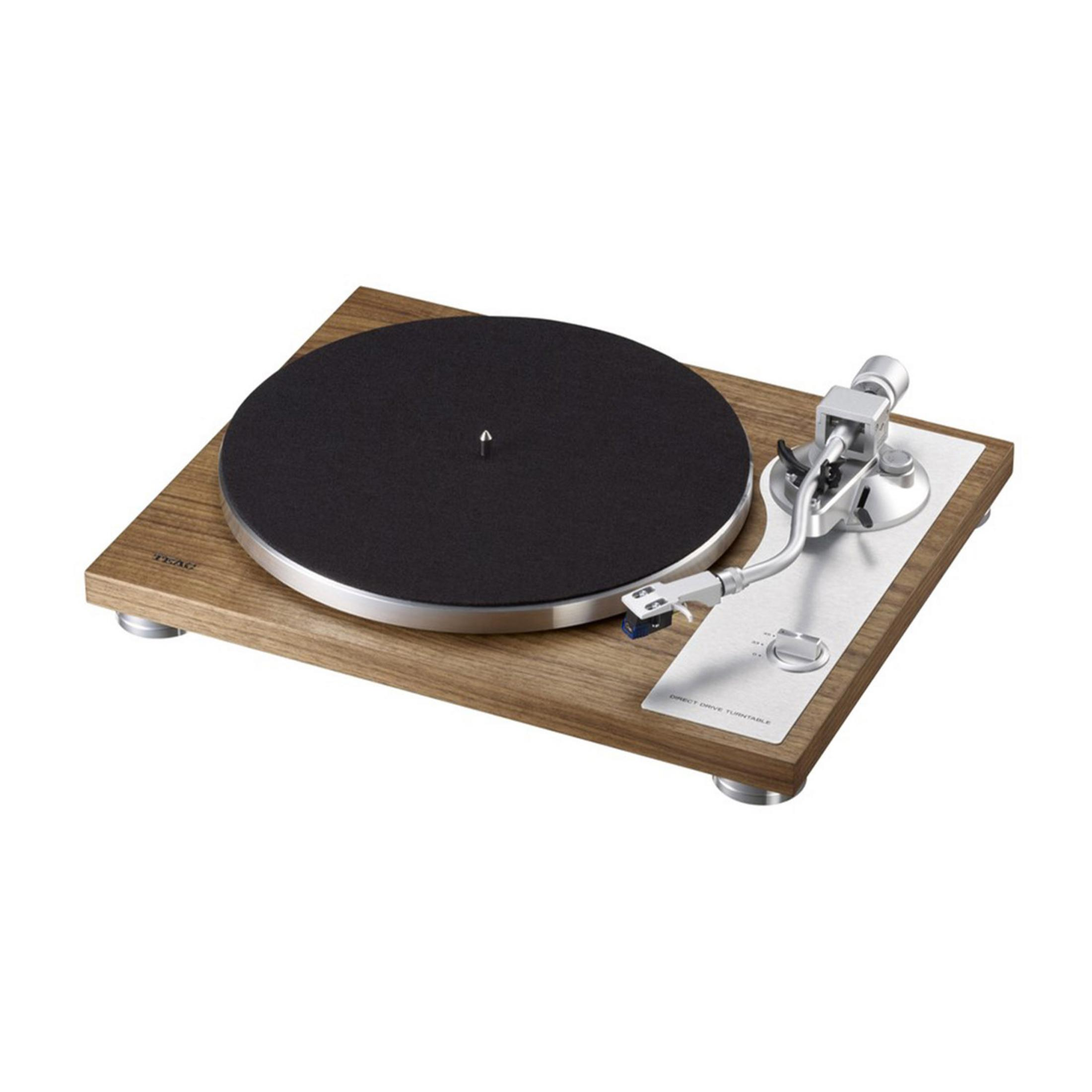 Un tocadiscos de madera con plato negro y brazo.