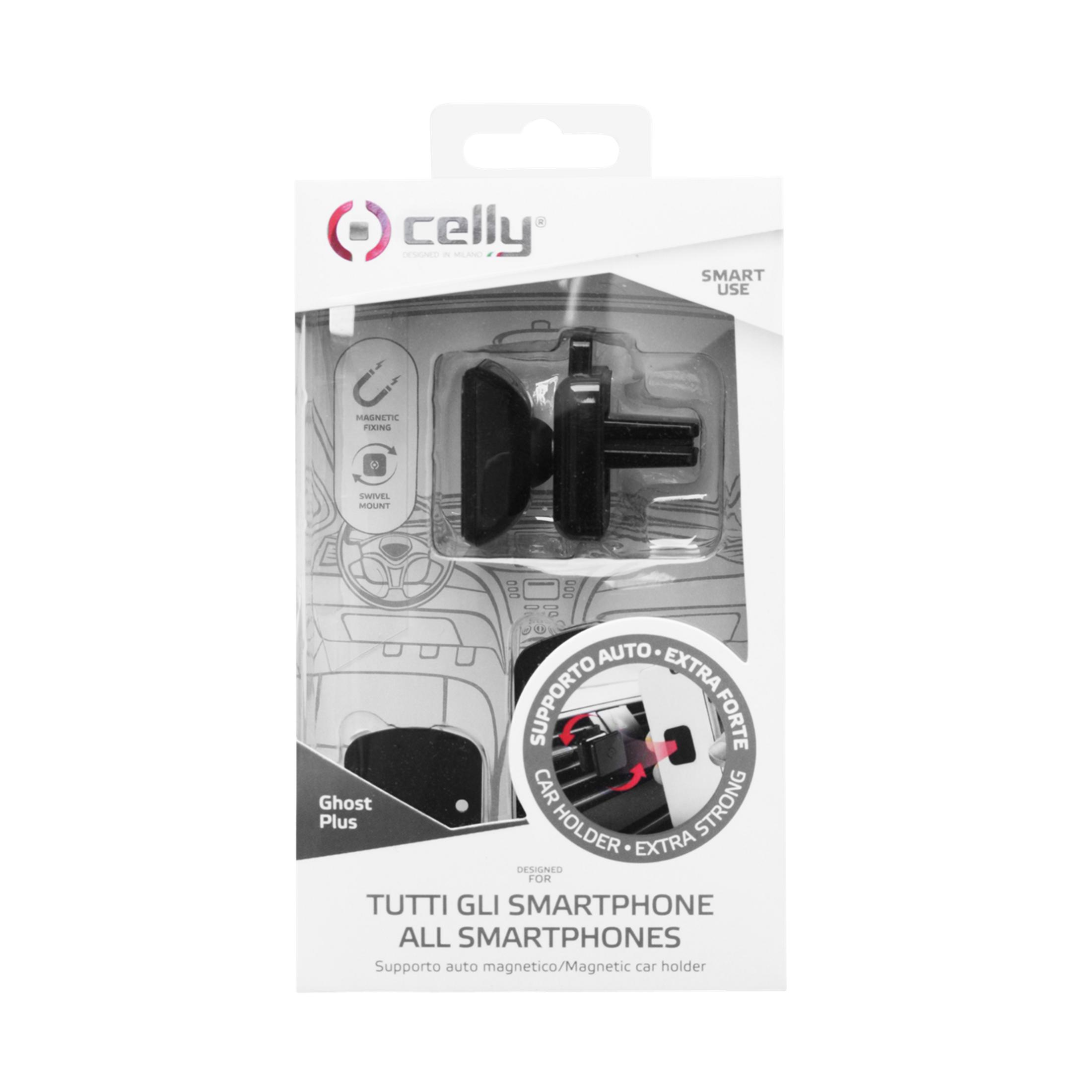 Embalaje de un soporte magnético para coche Celly Ghost Plus con accesorios.