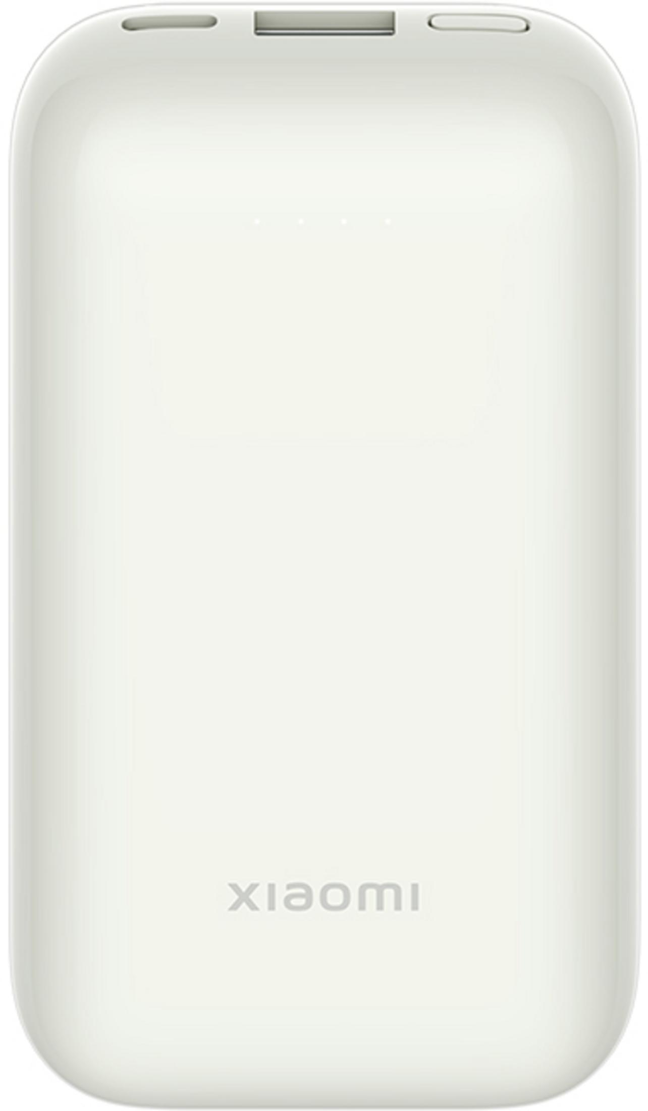 Een witte Xiaomi powerbank met oplaadindicatoren en poorten aan de bovenkant.