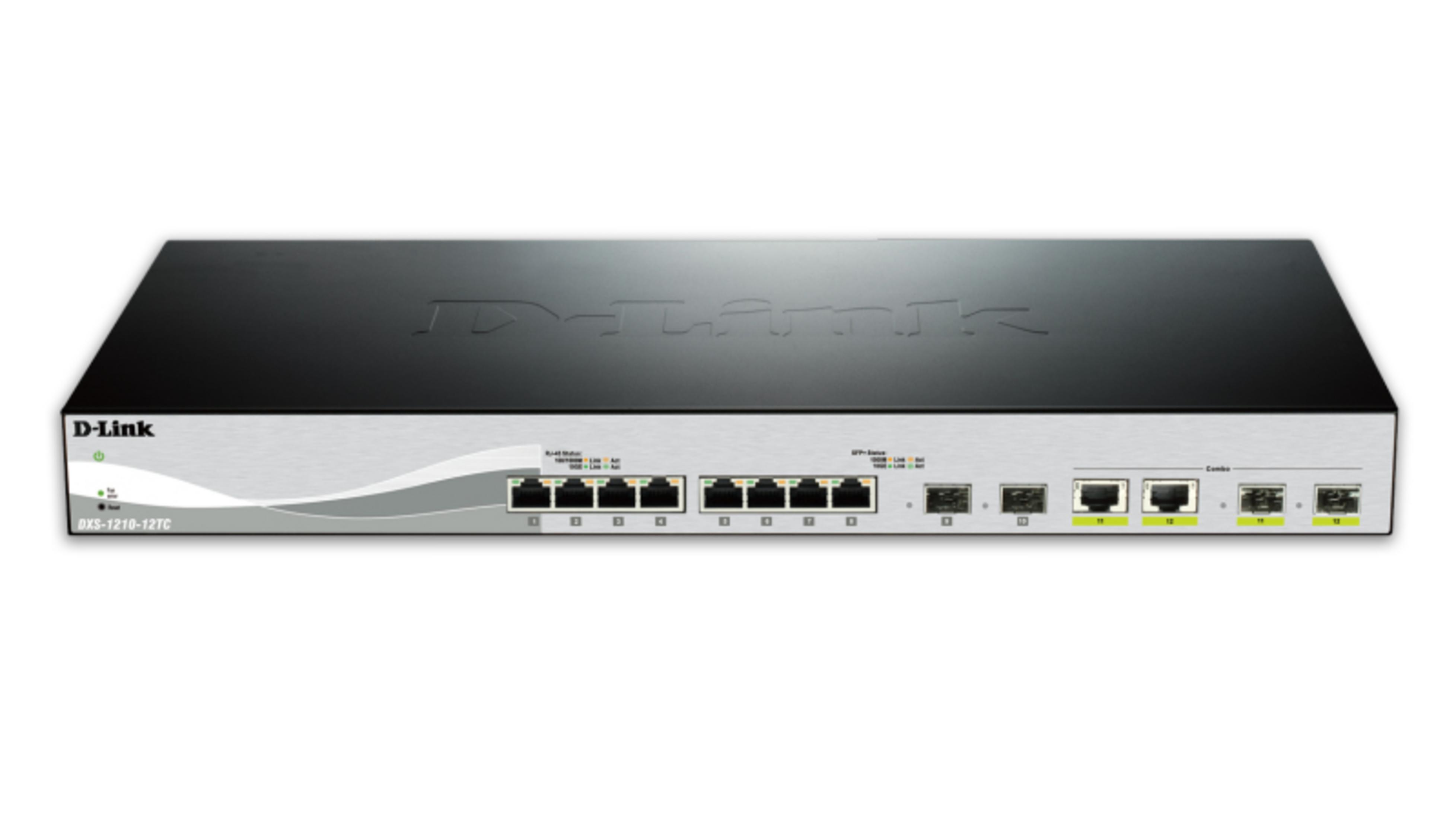 Uno switch di rete D-Link DXS-1210-12TC con pannello frontale argentato e porte nere.