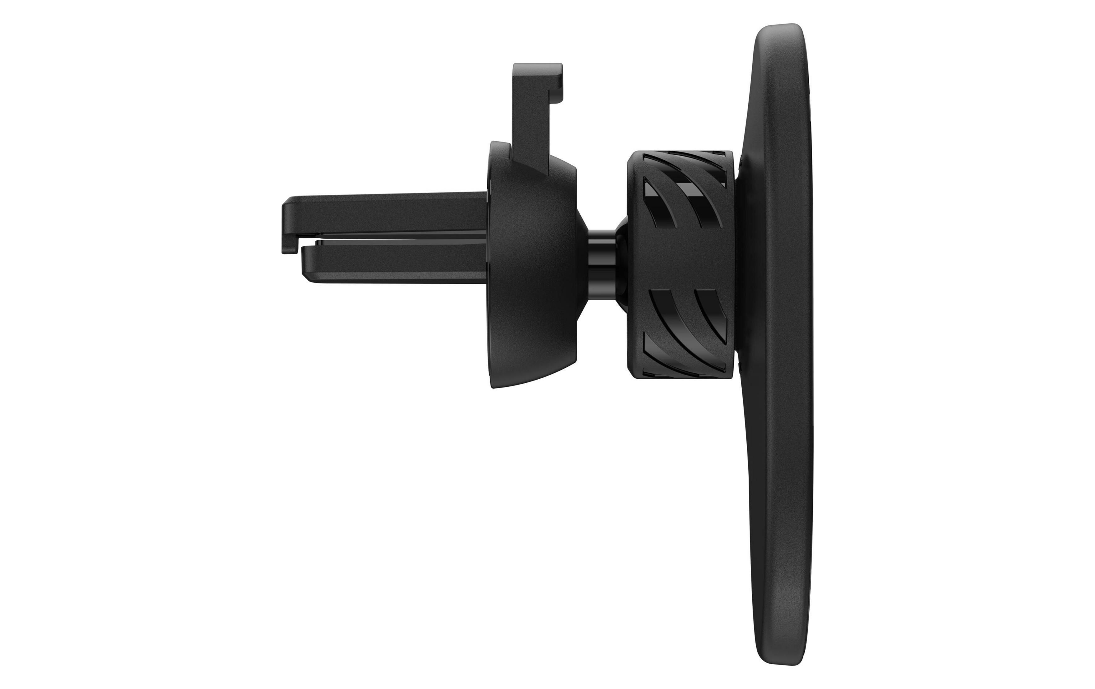 A black air vent clip with a round rotating knob.