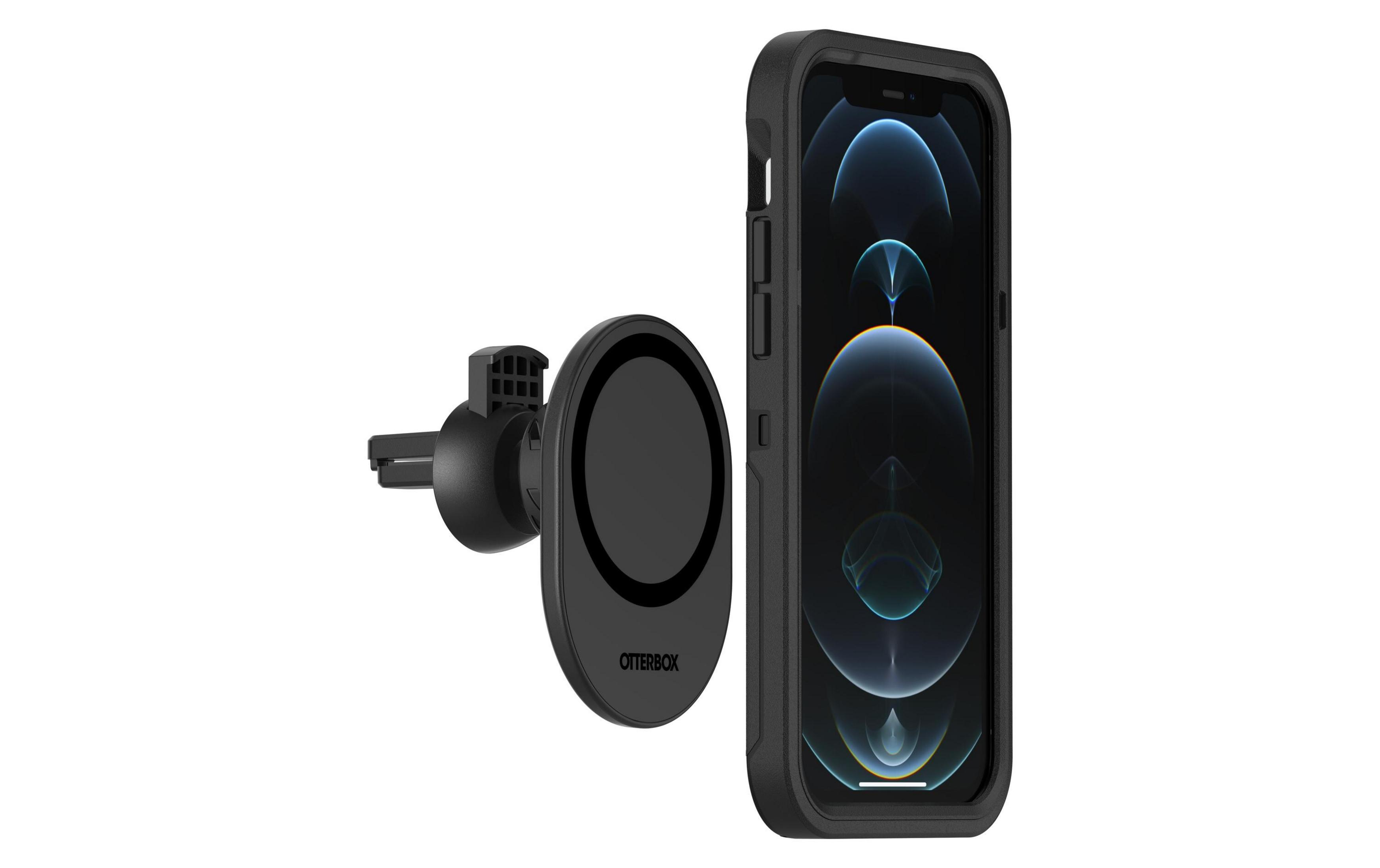 A black Otterbox phone mount with an iPhone in the background.