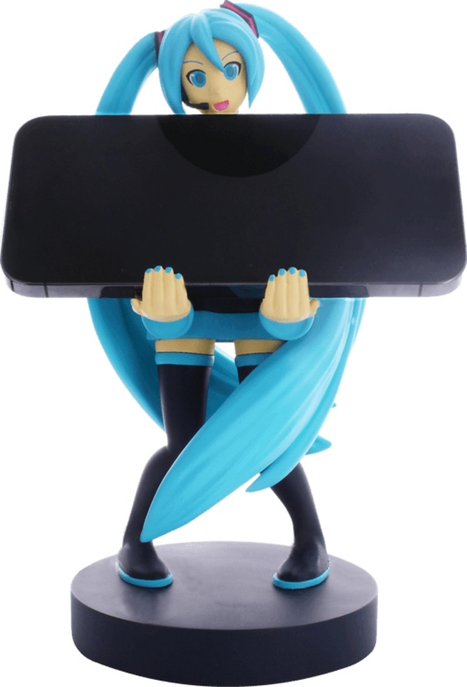Statua di Miku con capelli blu che tiene un tablet nero.