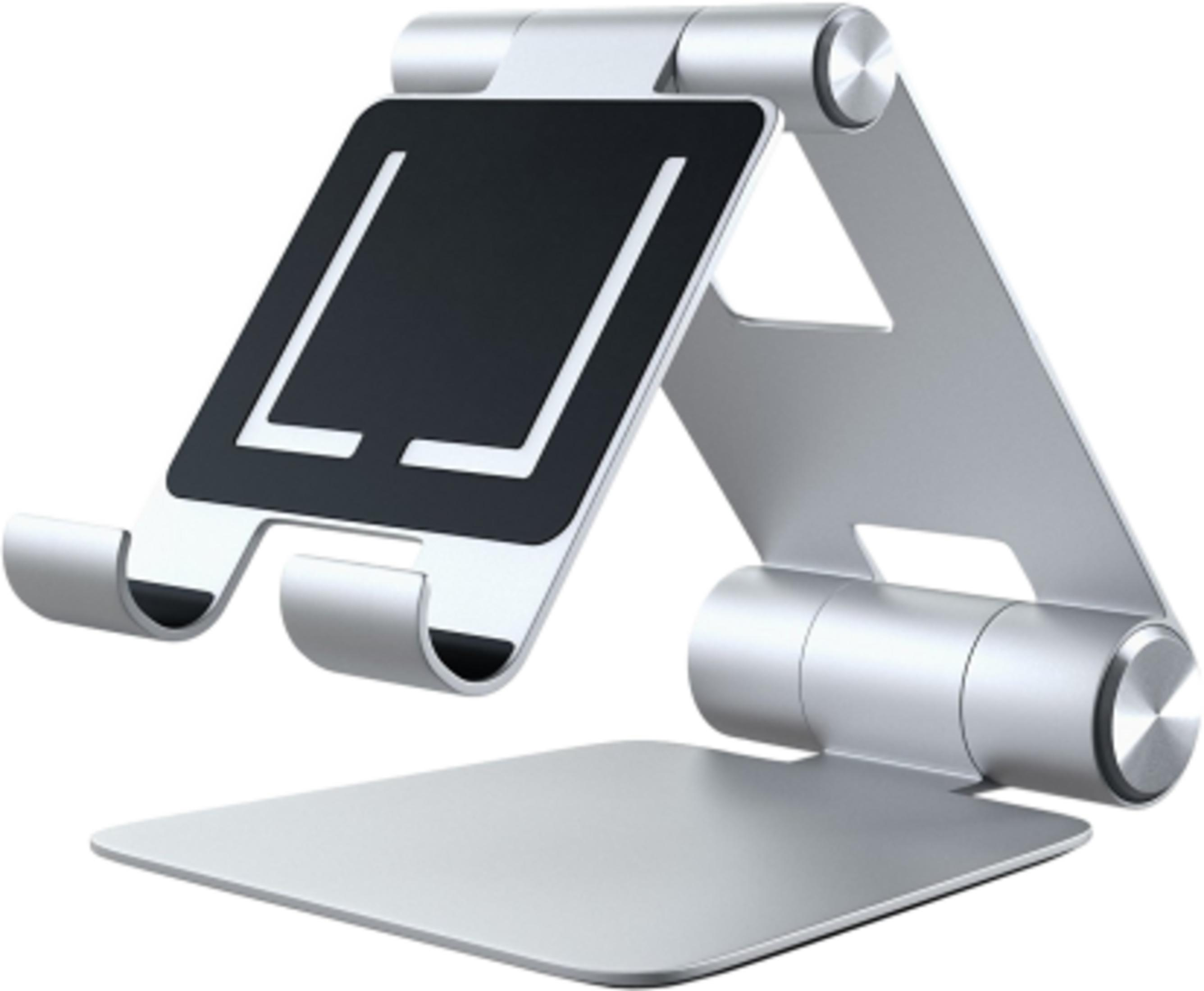 Un supporto per tablet argentato regolabile con base piatta e supporto nero.