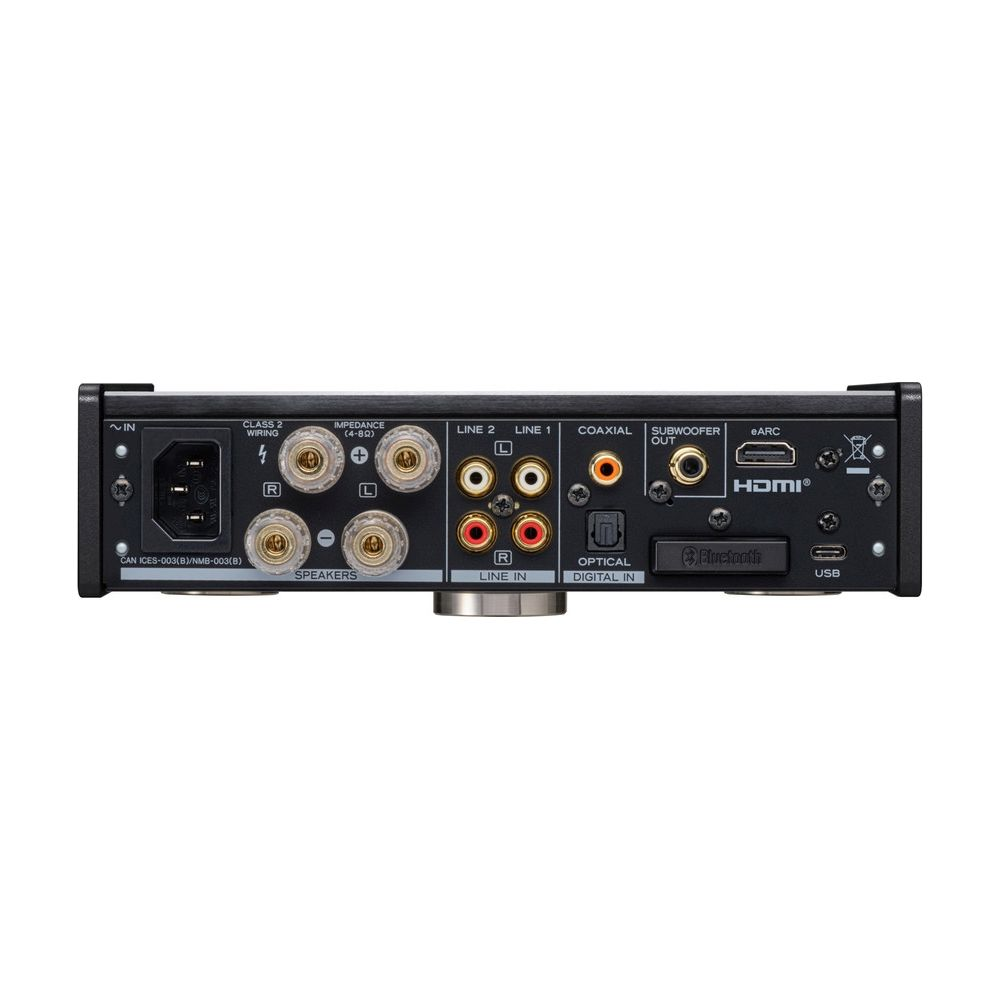 Rückseite eines Audio-Receivers mit Anschlüssen: Strom, Lautsprecher, Line In, Coaxial, HDMI, USB.