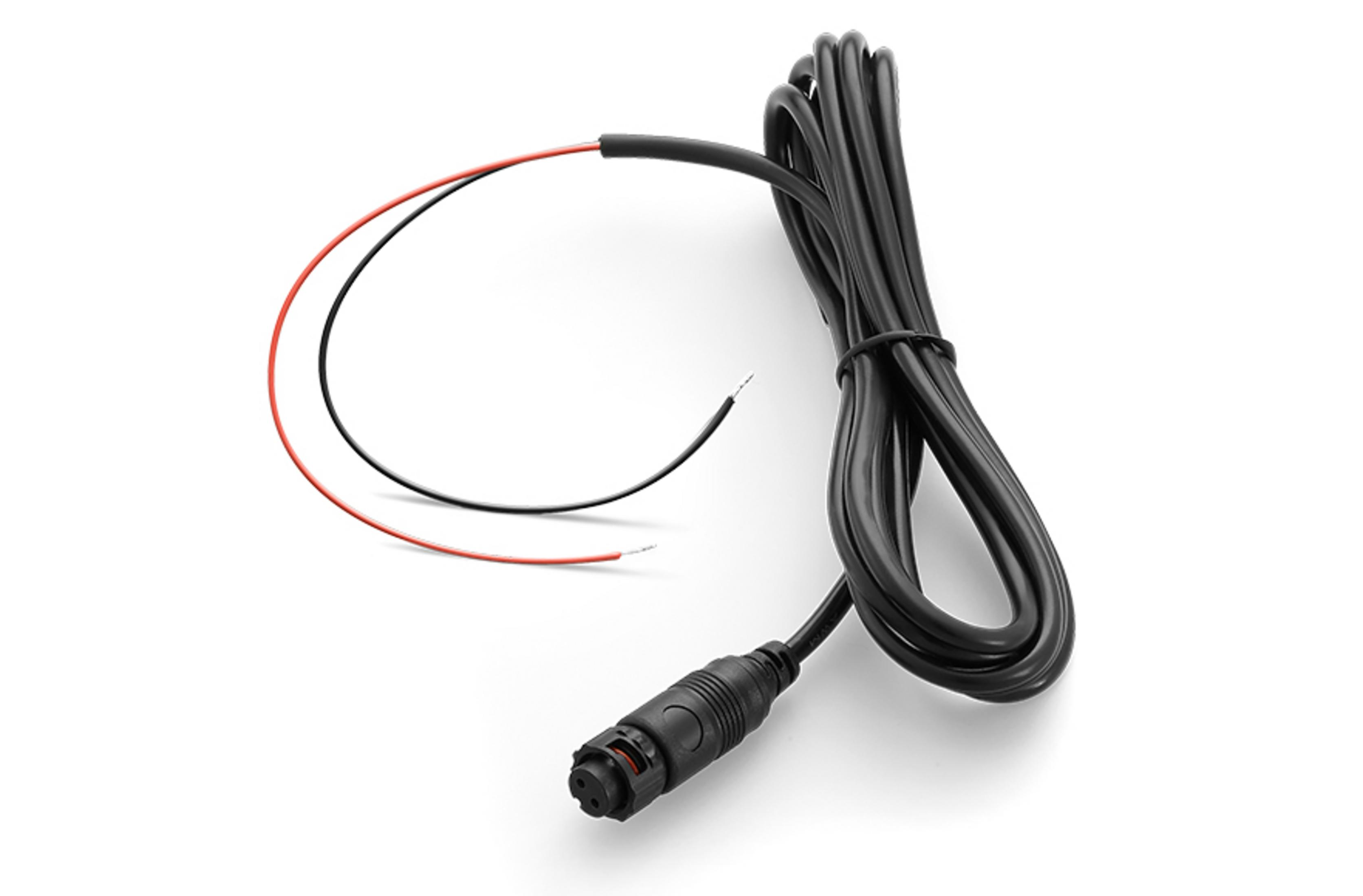 Schwarzes Kabel mit rotem und schwarzem Draht, verbunden mit einem schwarzen Stecker.