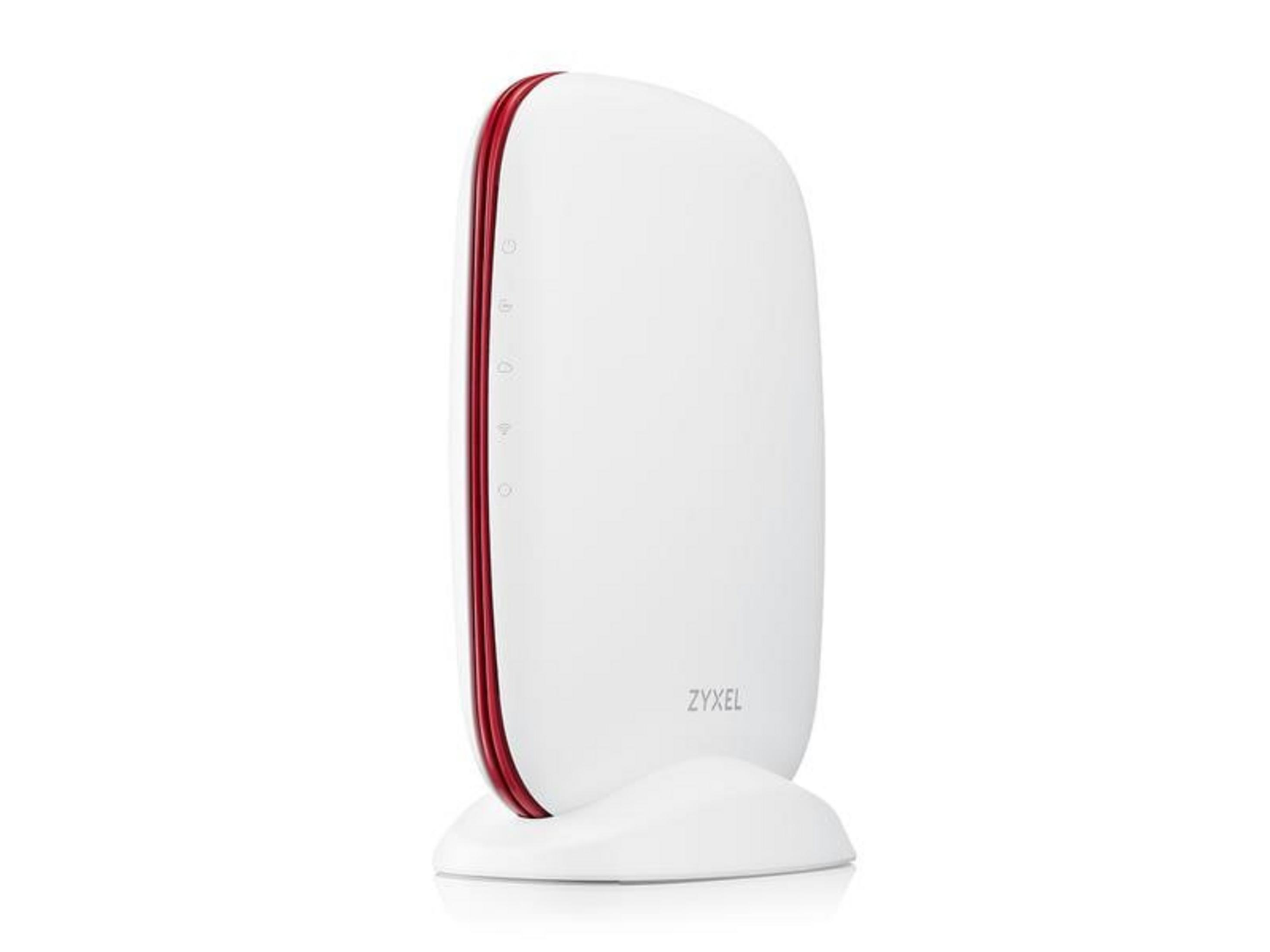 Biały router Zyxel z czerwonym brzegiem stoi na podstawie.