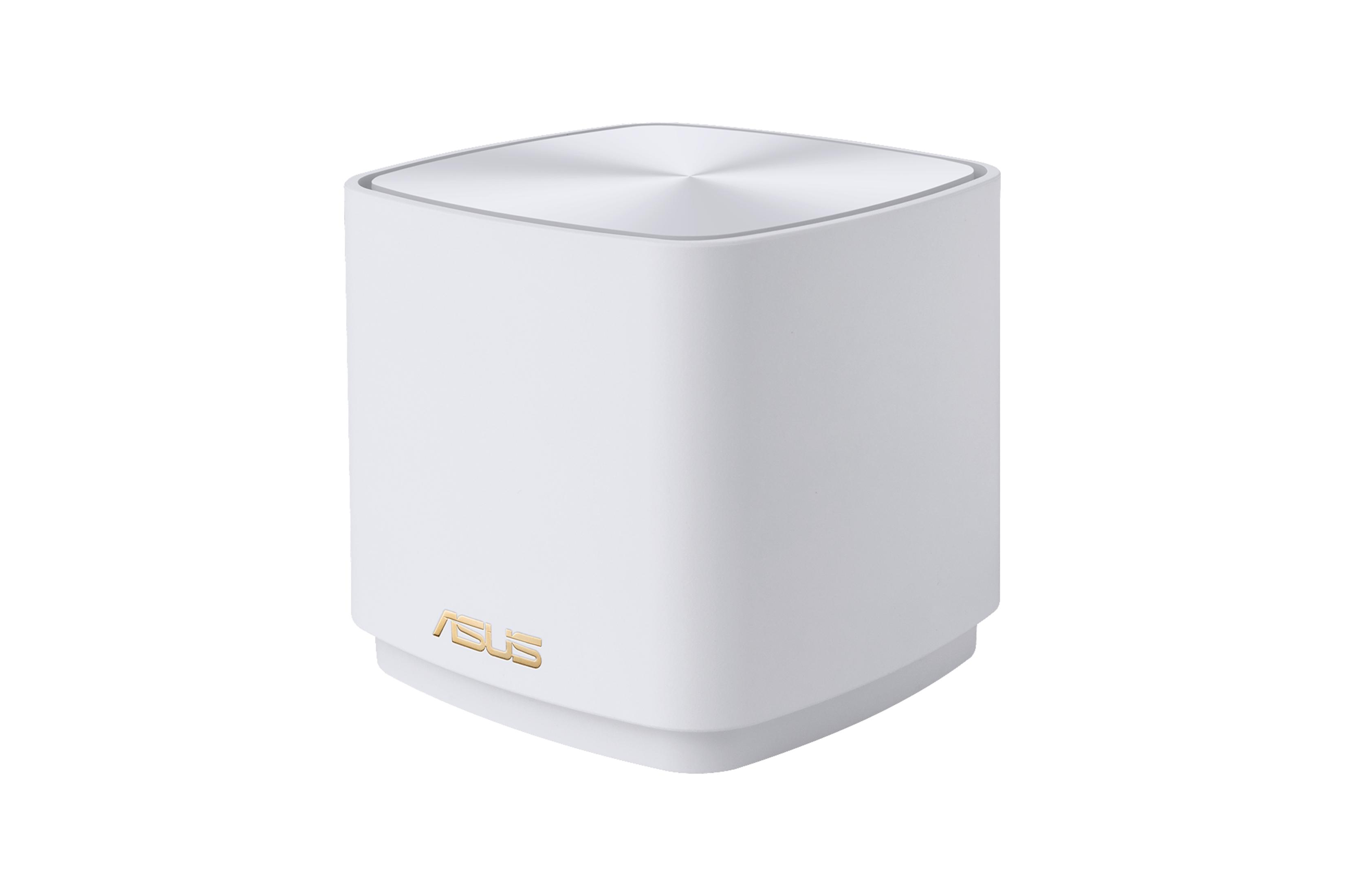 Un router Asus blanco con tapa plateada está aislado sobre fondo blanco.