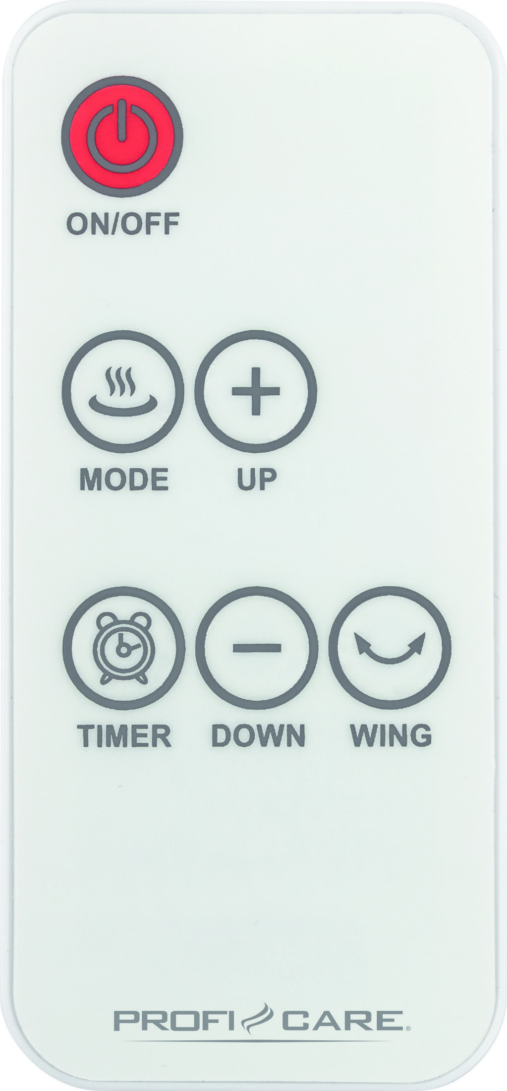 Biały pilot z przyciskami zasilania, trybu, timera, w dół i skrzydła.