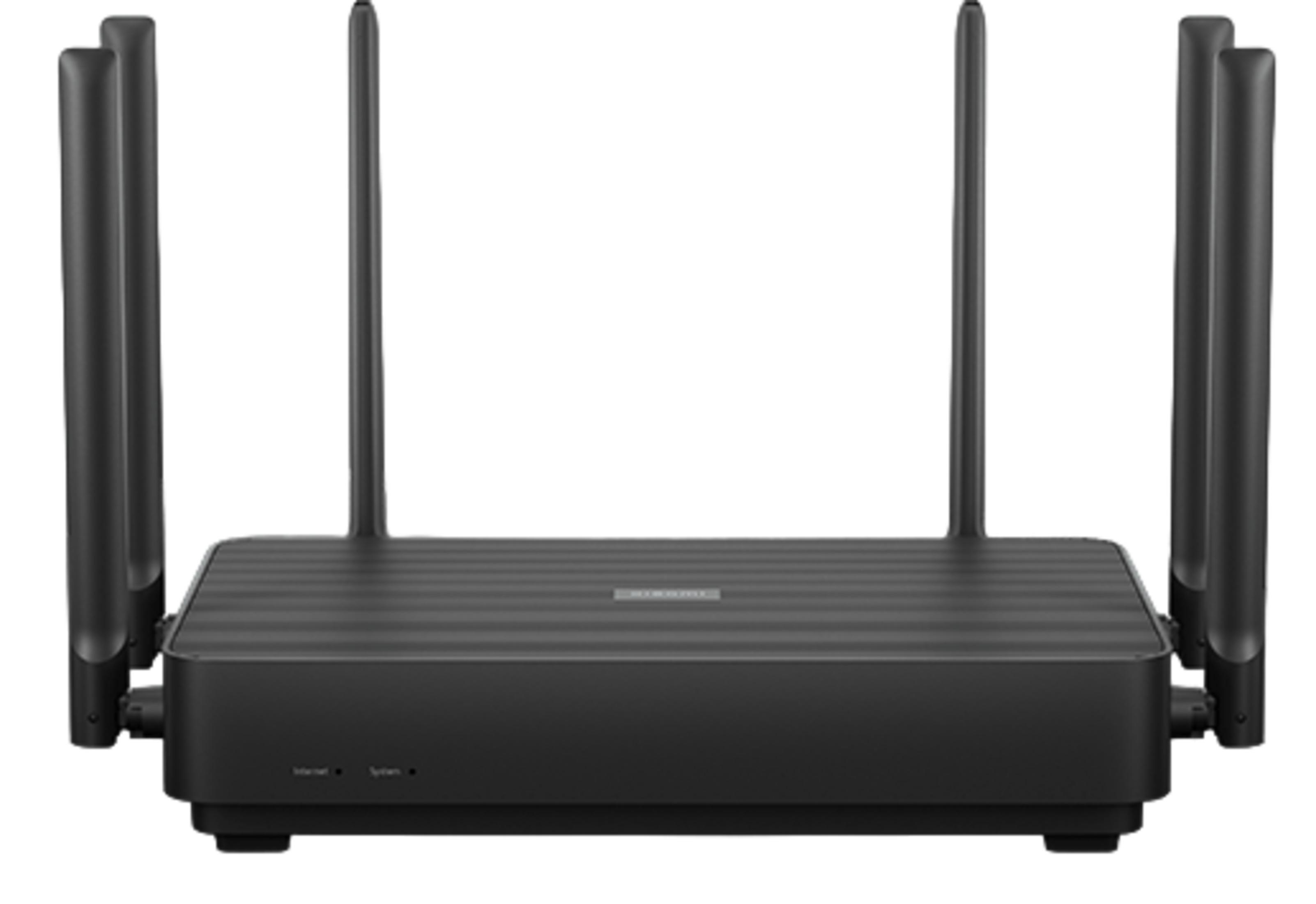 Czarny router z sześcioma antenami i żebrowaną obudową.