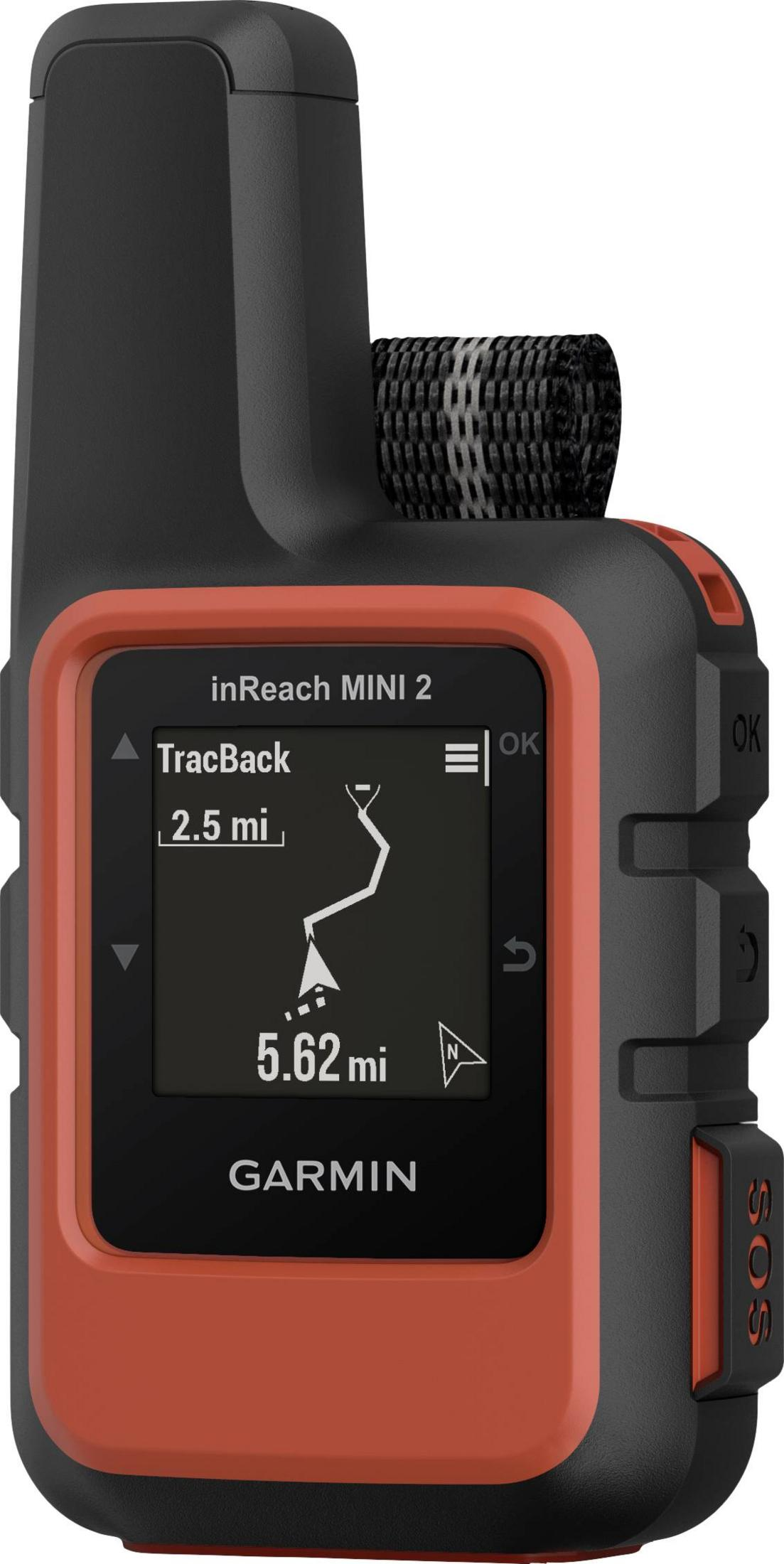 Garmin inReach MINI 2 GPS-Gerät mit orangefarbenem Rand und SOS-Taste. Karte zeigt 5,62 Meilen.