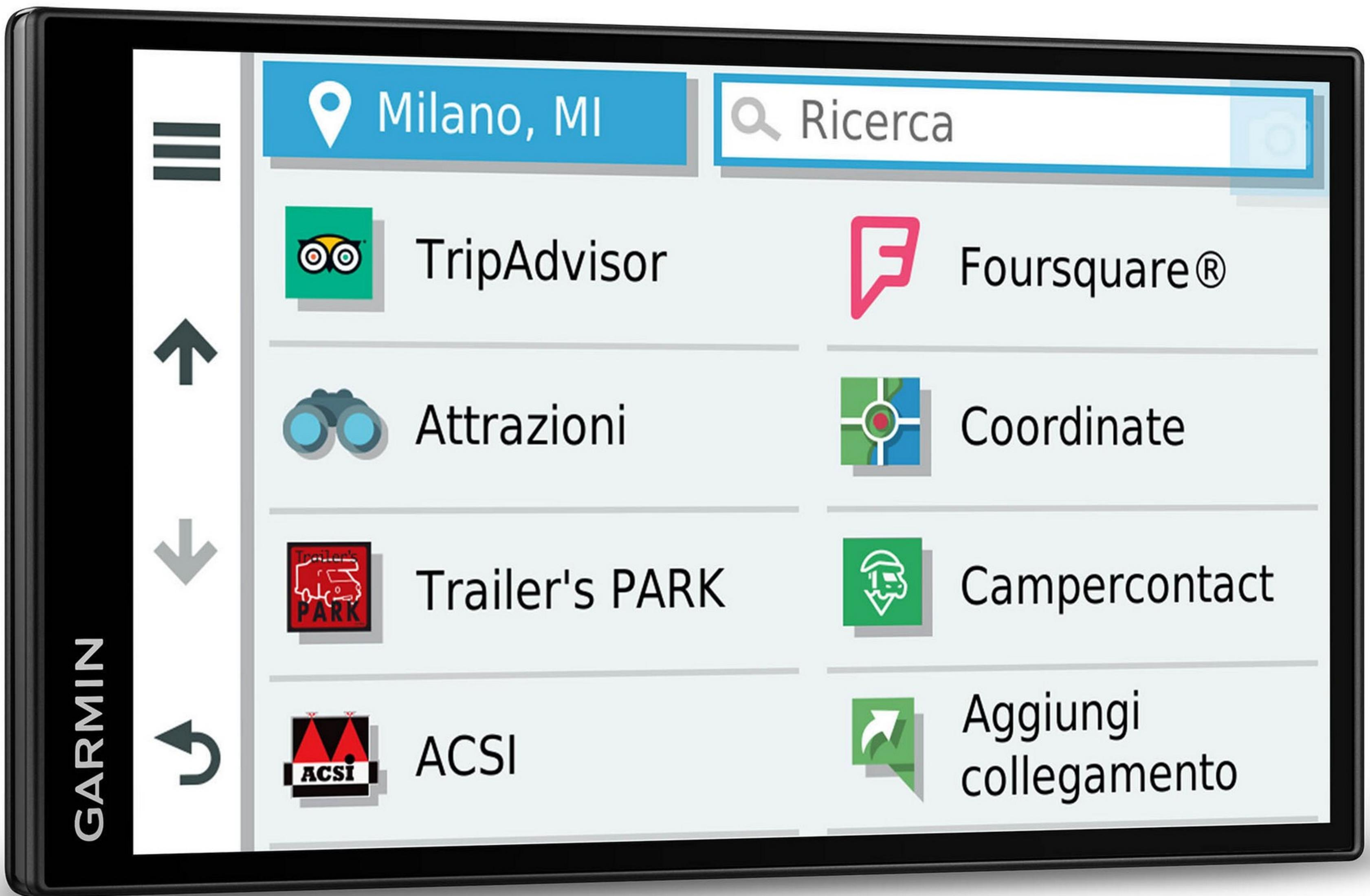 Garmin-Navigationsgerät zeigt eine Liste von Apps wie TripAdvisor, Foursquare und Koordinaten.