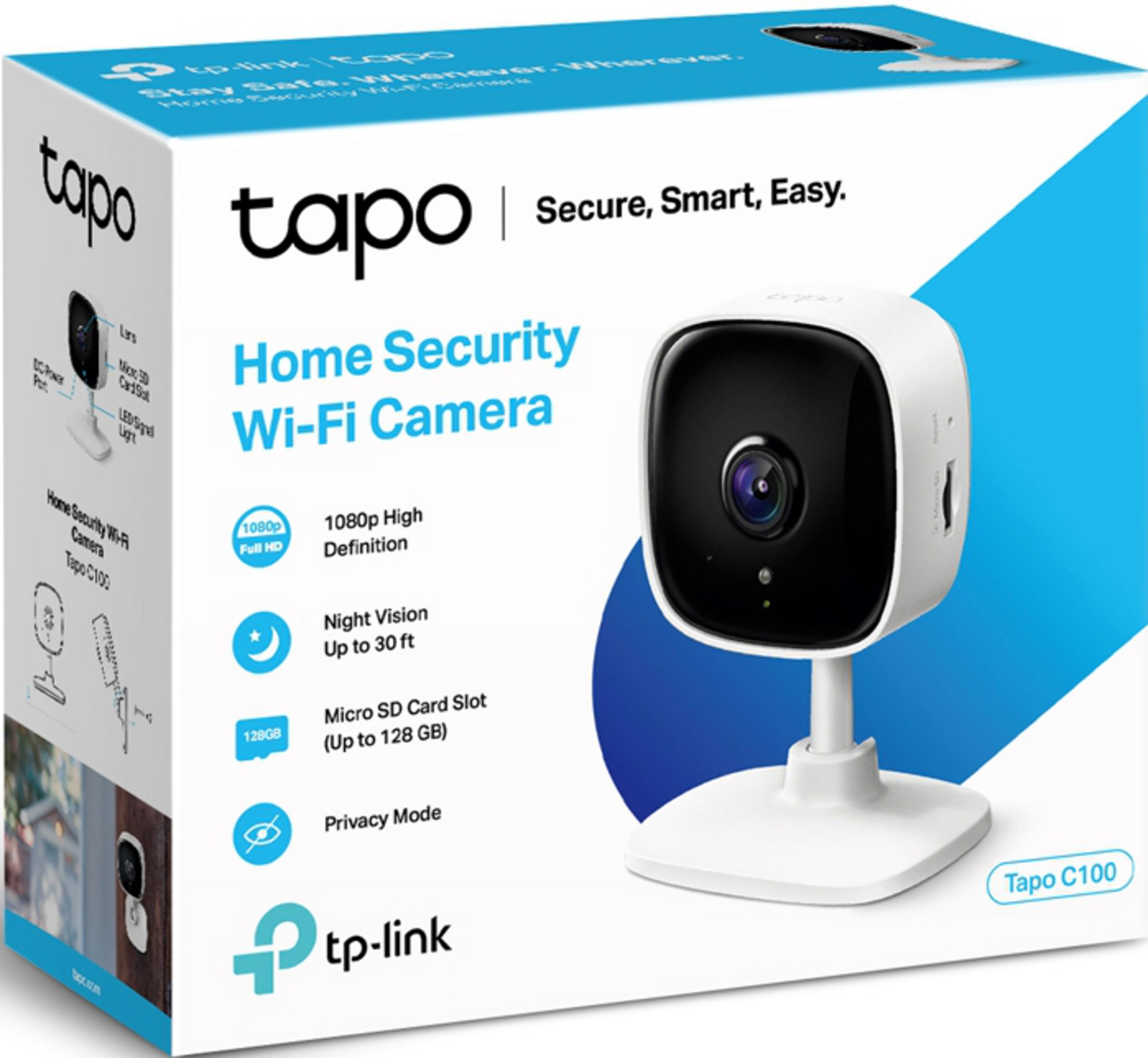 Verpackung einer Tapo C100 Wi-Fi Überwachungskamera mit Merkmalen.