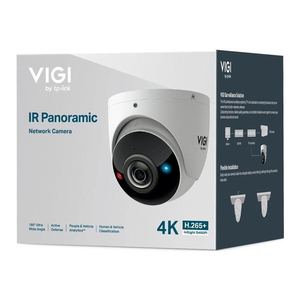 Kamera sieciowa VIGI IR Panoramic 4K H.265+ z różnymi funkcjami na opakowaniu.