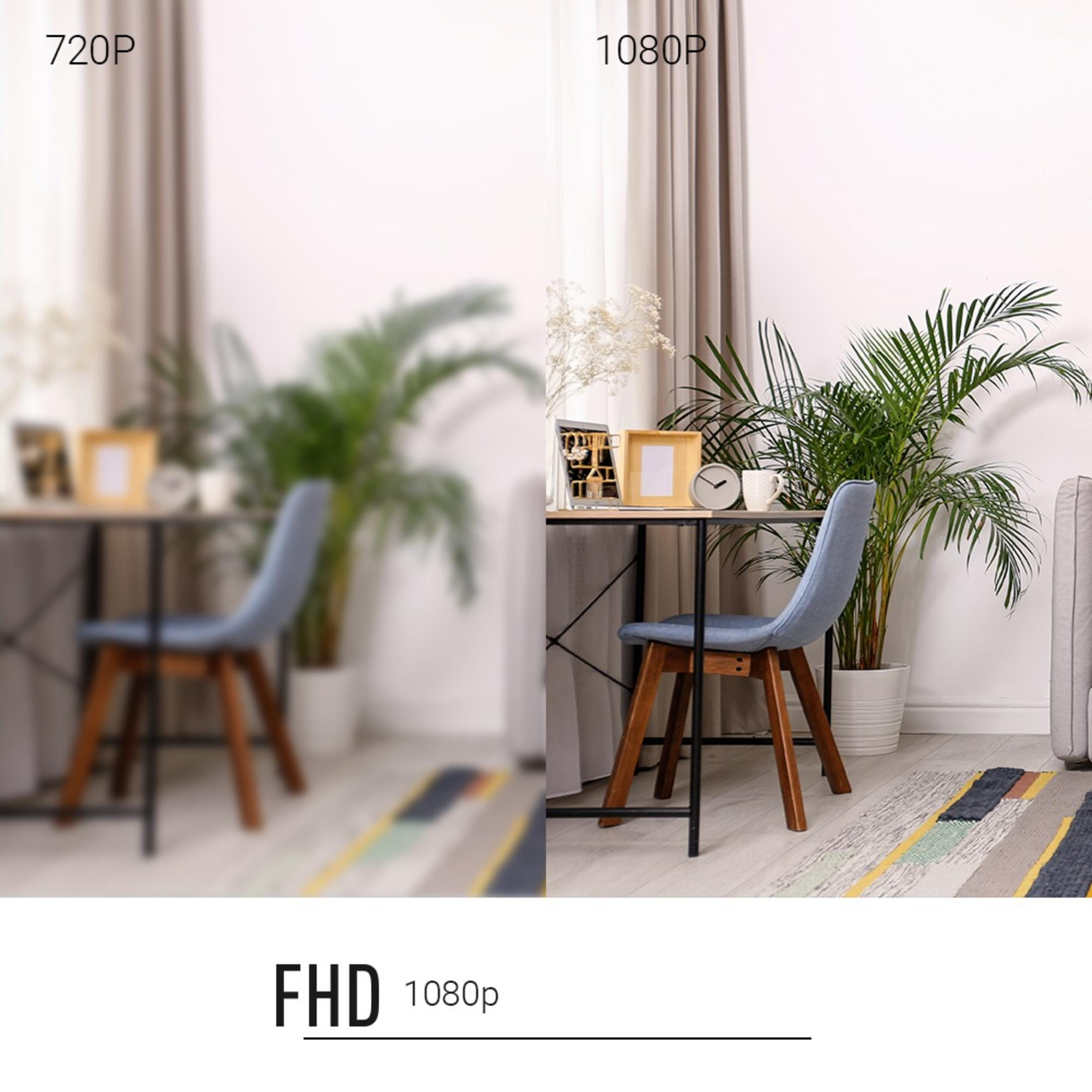 Podzielony obraz: rozmyte 720p vs. wyraźne 1080p biurka z krzesłem, roślinami i dywanem.