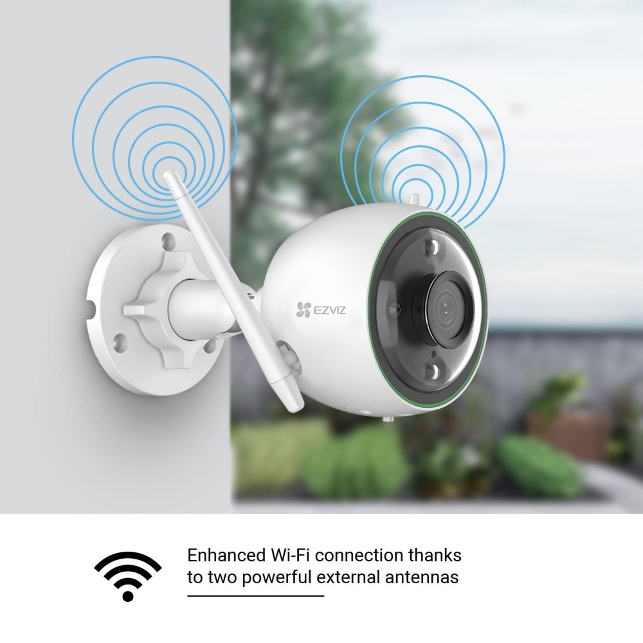 Cámara de seguridad blanca con dos antenas emitiendo señales Wi-Fi.