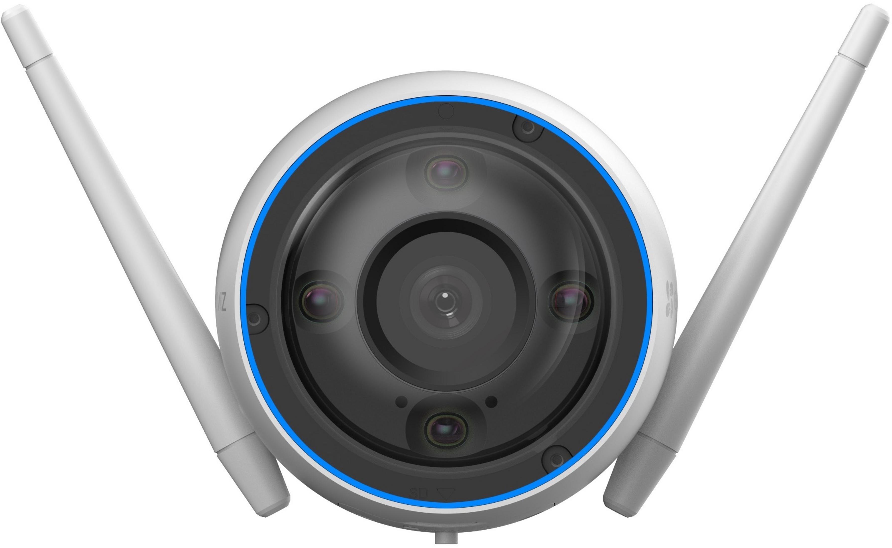 Biała kamera bezpieczeństwa z niebieskimi akcentami i dwiema antenami.