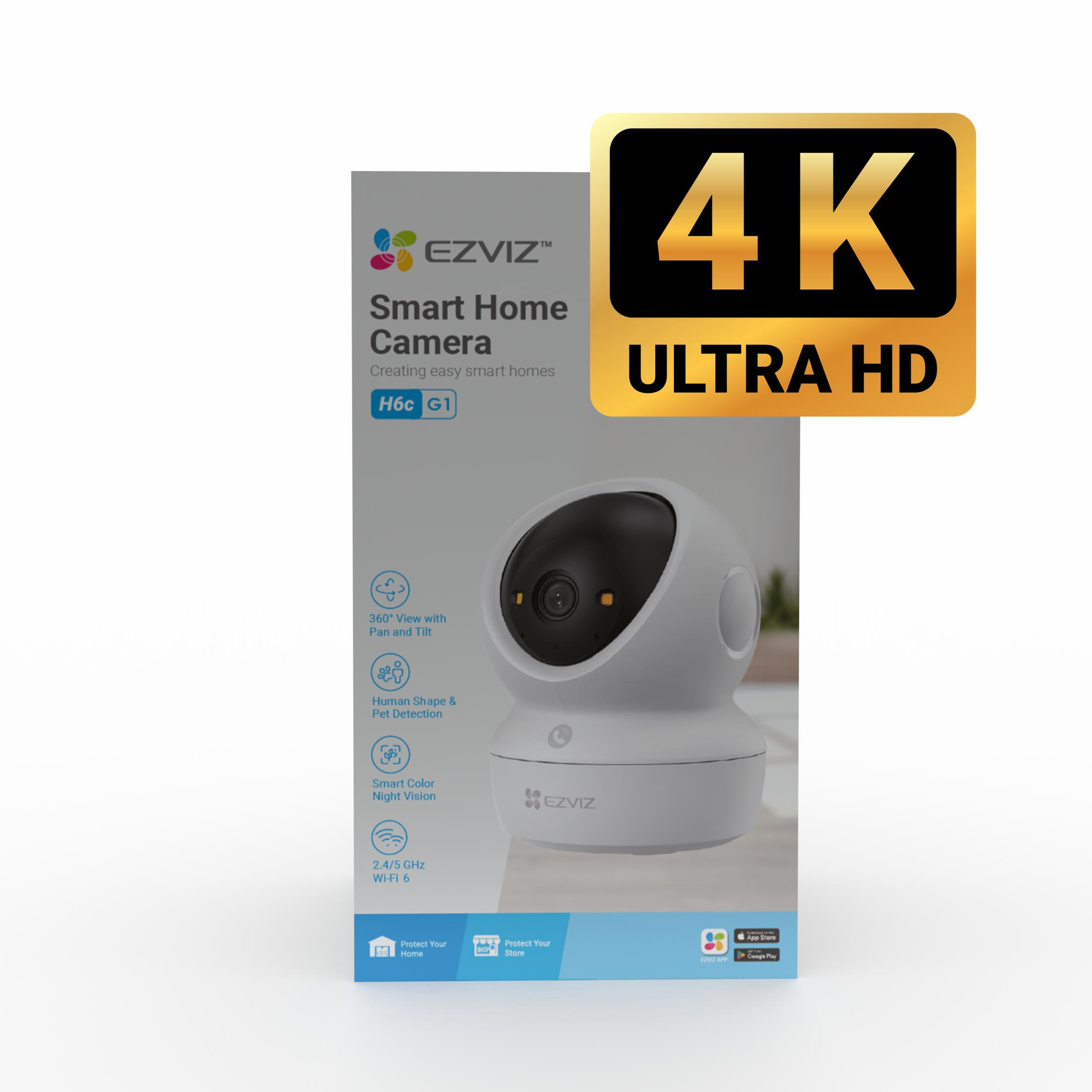Telecamera EZVIZ 4K per smart home con vista 360, visione notturna a colori e rilevamento animali.