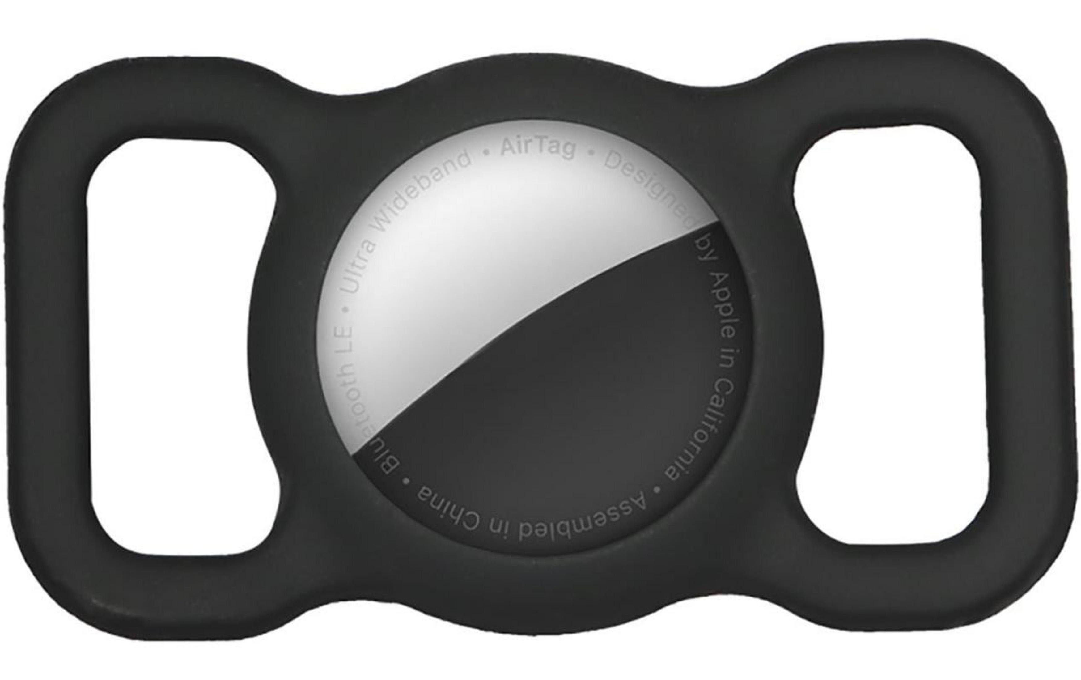Soporte negro para AirTag con inserción brillante, inscrito con información de Apple.