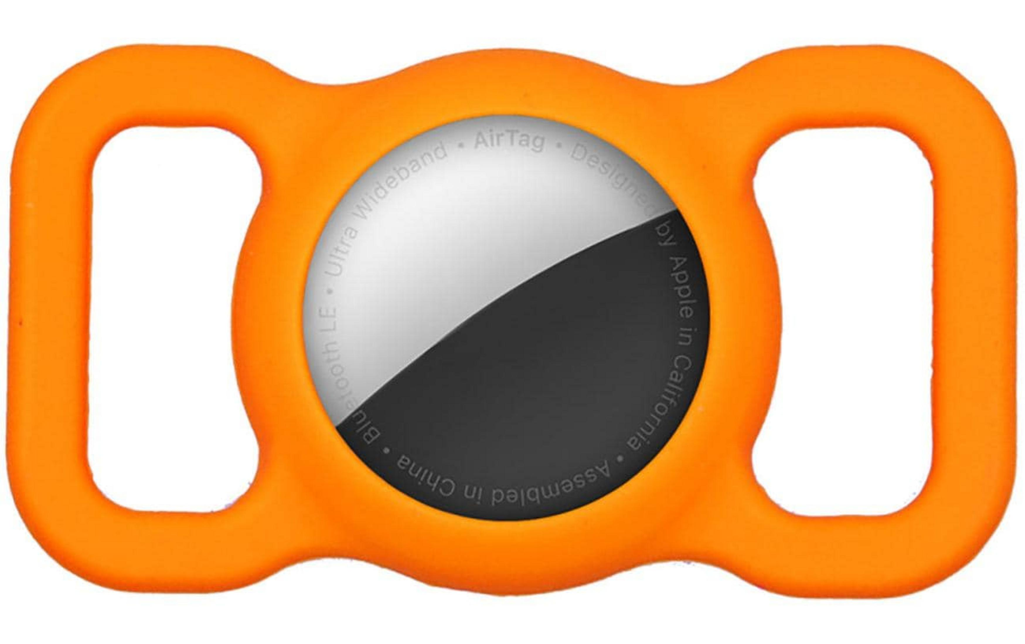 Soporte naranja para AirTag con centro plateado.