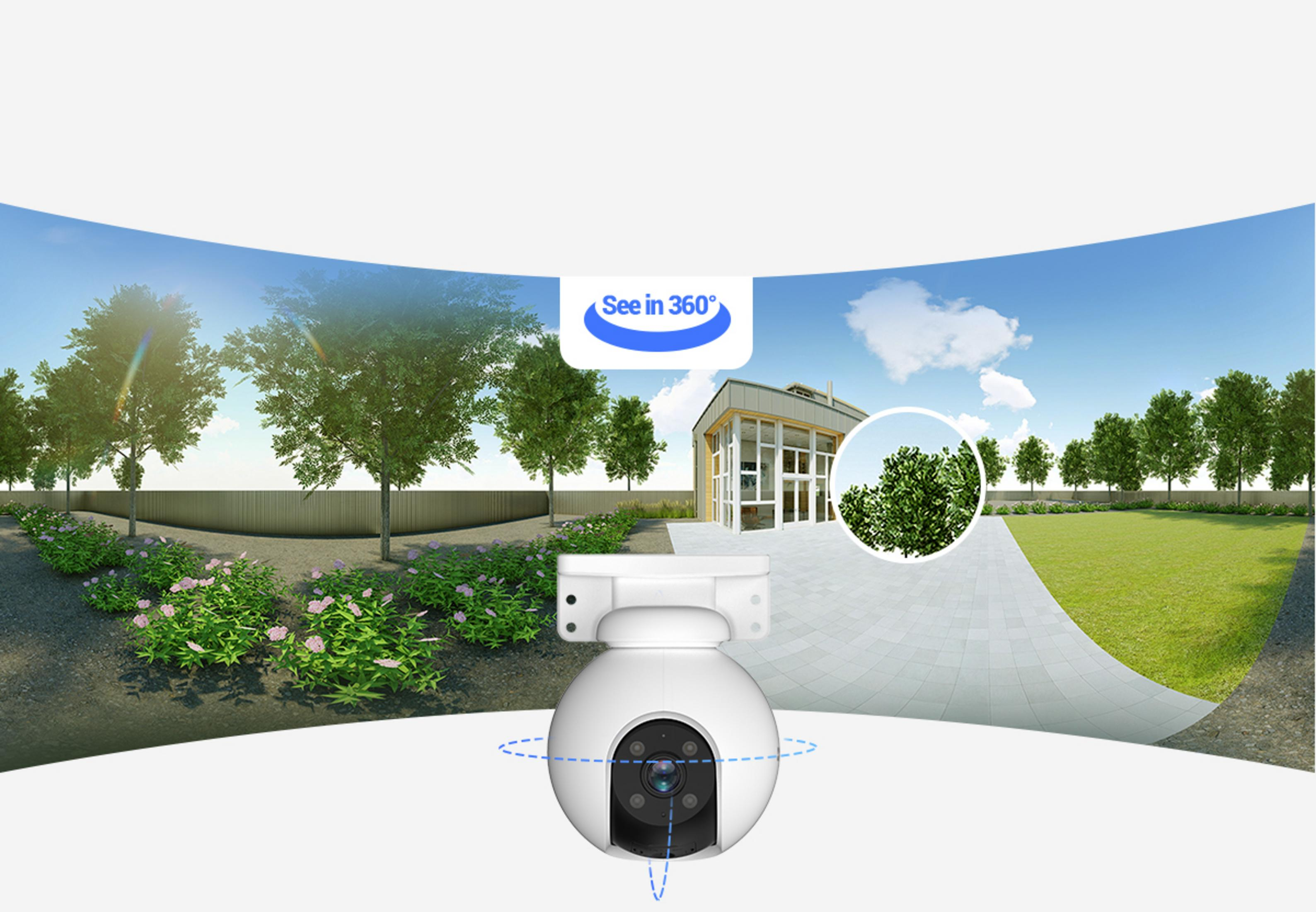 Biała kamera bezpieczeństwa przed nowoczesnym domem i ogrodem.