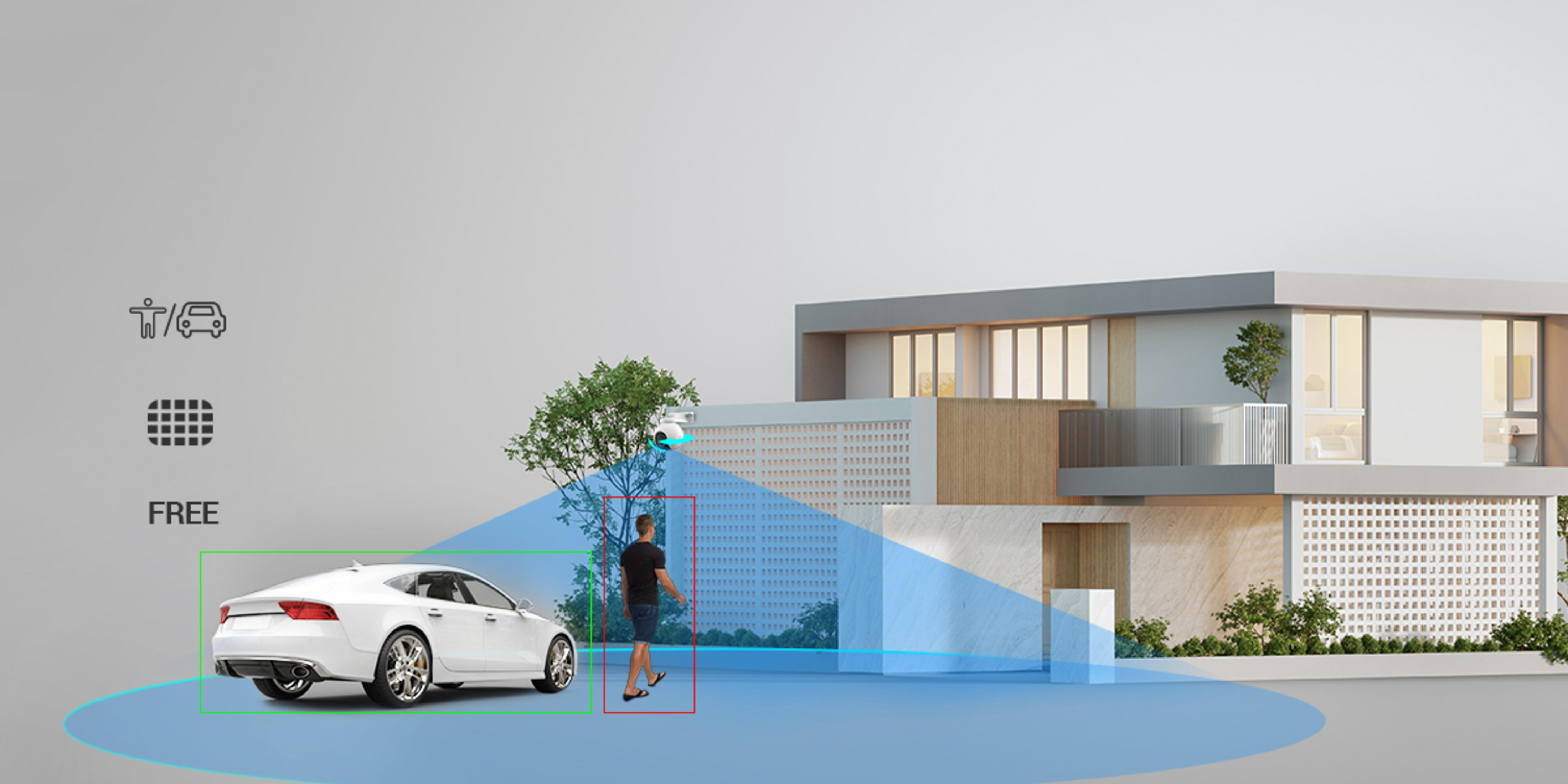 Kamera bezpieczeństwa rejestruje samochód i mężczyznę przed nowoczesnym domem.