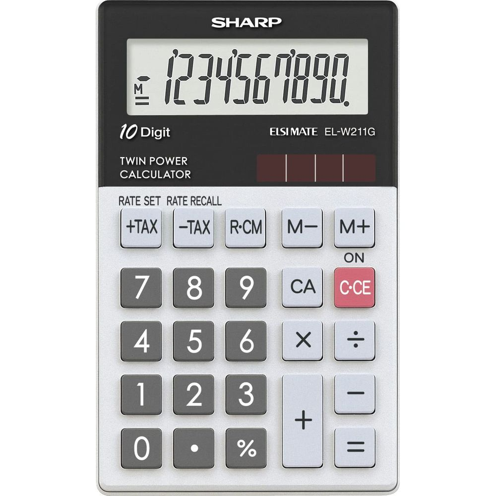 Czarno-srebrny kalkulator Sharp wyświetlający cyfry i przyciski.