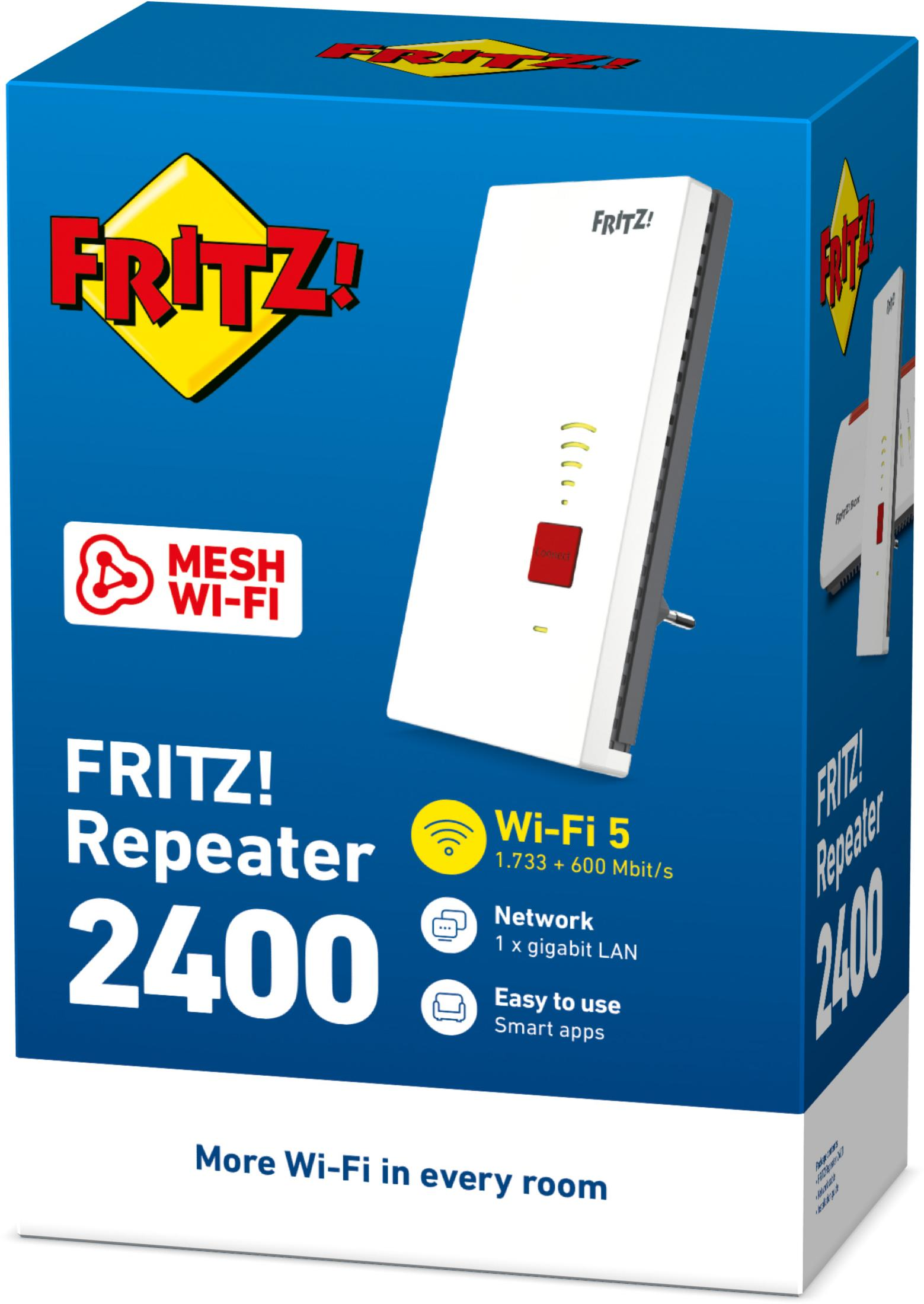 Embalaje FRITZ! Repeater 2400 con Mesh Wi-Fi, Wi-Fi 5, Gigabit LAN, Smart Apps.