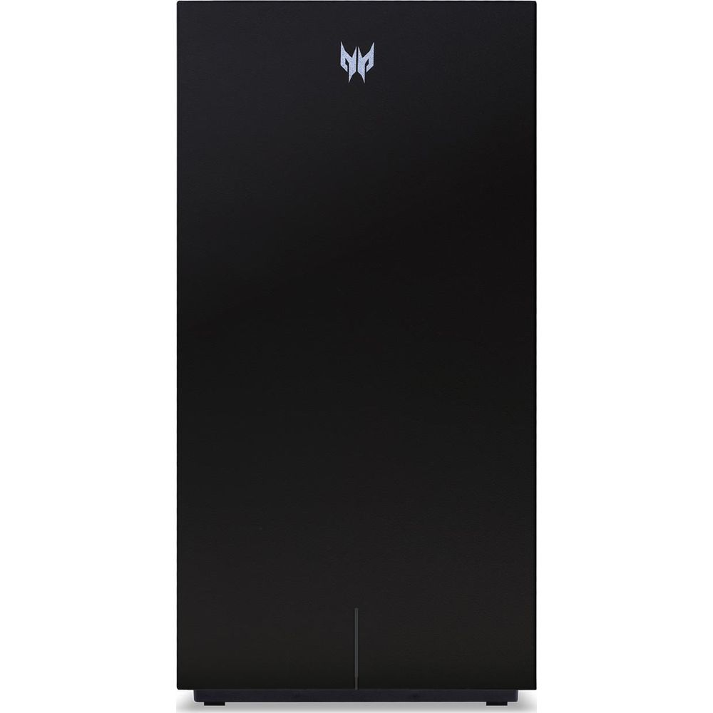 Czarna obudowa komputera z srebrnym logo na górze.