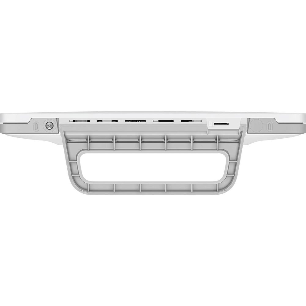 Biała i szara elektronika z uchwytem i portami.