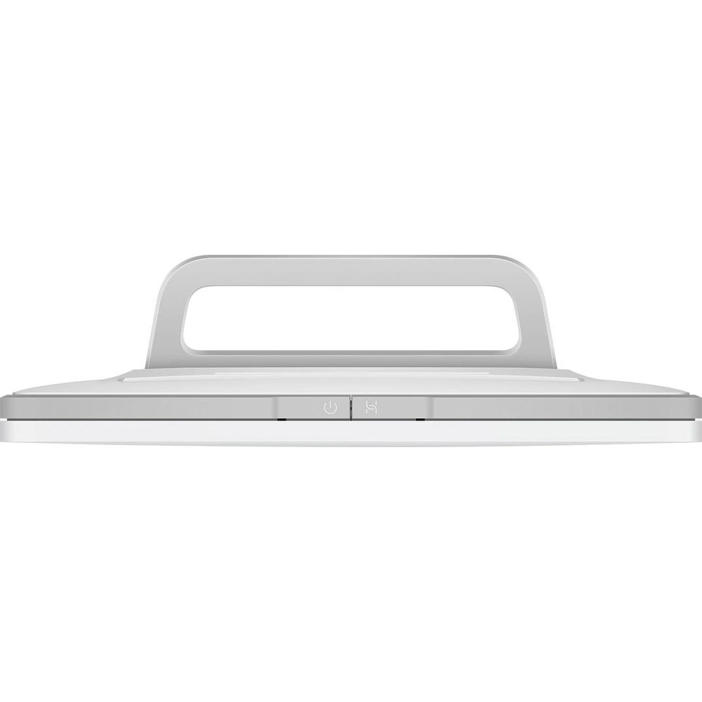 Białe urządzenie z uchwytem i dwoma przyciskami. Białe tło.