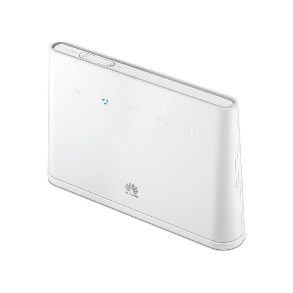 Biały router Huawei z przyciskami zasilania i WPS na górze, na białym tle.