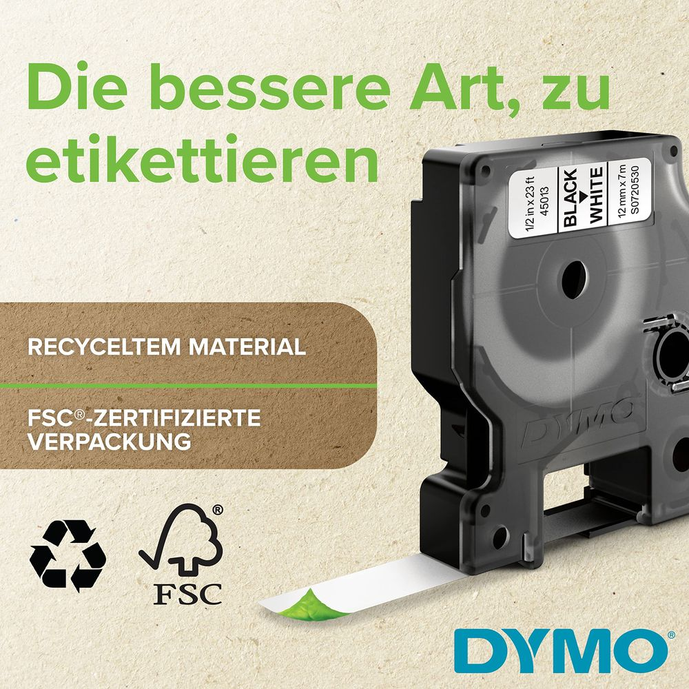Cassetta etichette DYMO con testo "Materiale riciclato" e "Certificato FSC".