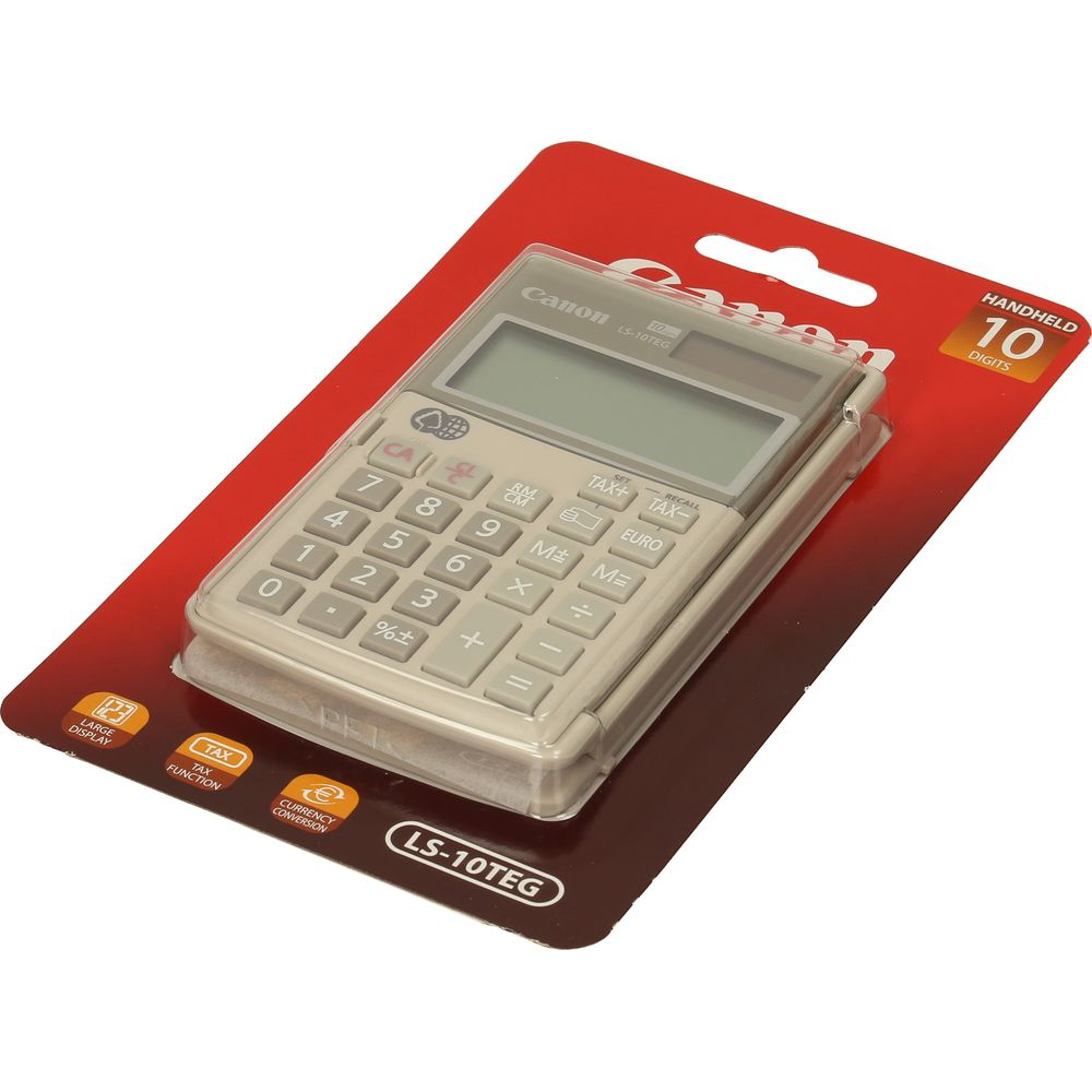 Canon LS-10TEG Handrechner in Verpackung, mit Steuer- und Währungsfunktionen.