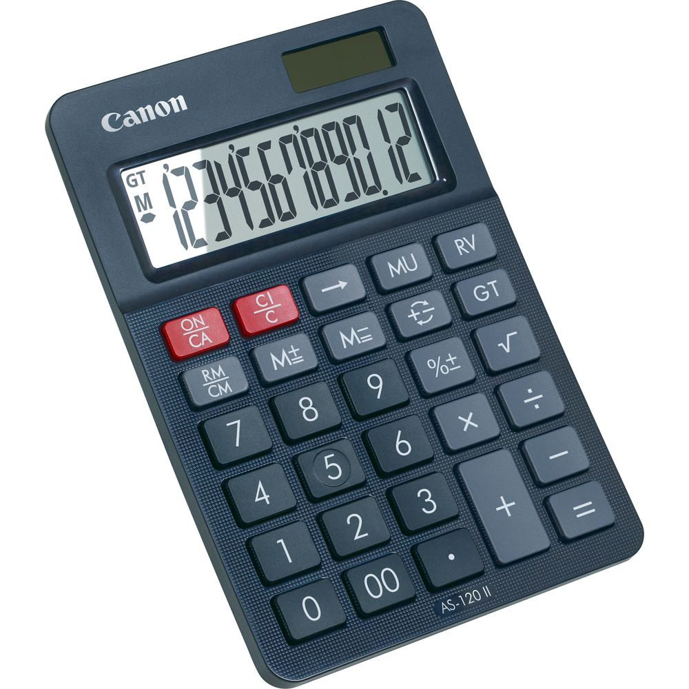 Ciemnoszara kalkulatorka Canon z podświetlanym wyświetlaczem pokazującym 1234567890.12.