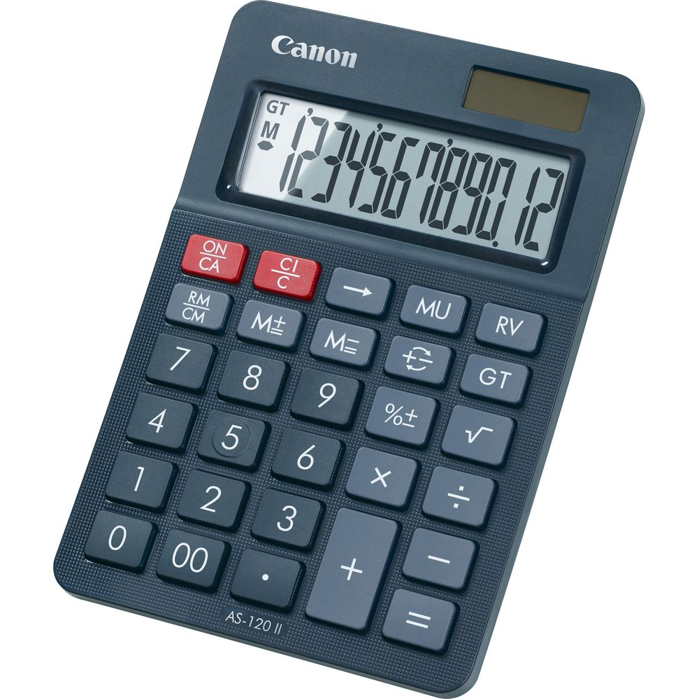 Ciemna klawiatura kalkulatora Canon z wyświetlaczem pokazującym 123456789012.