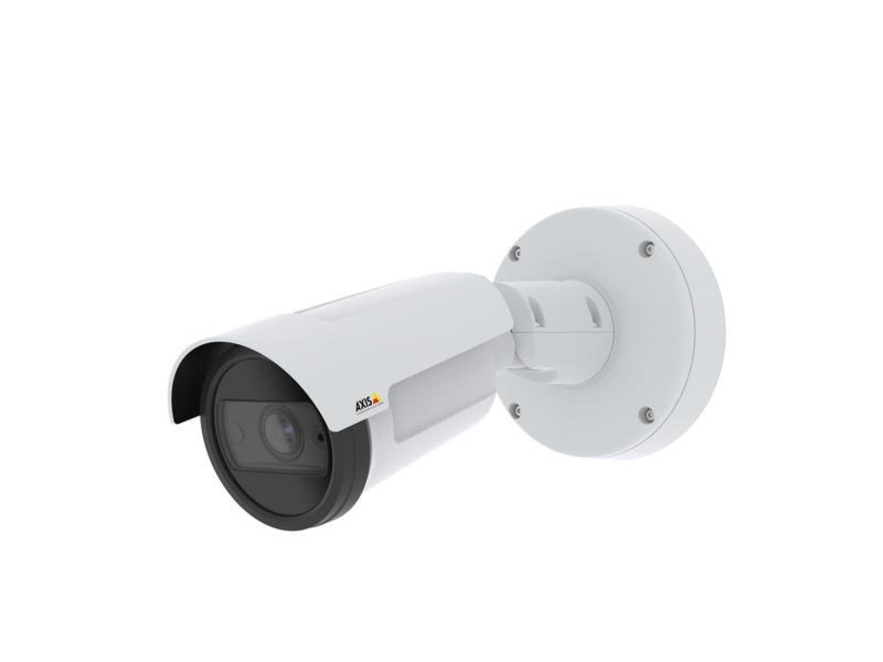 Biała kamera bezpieczeństwa z czarną soczewką i osłoną przeciwsłoneczną.