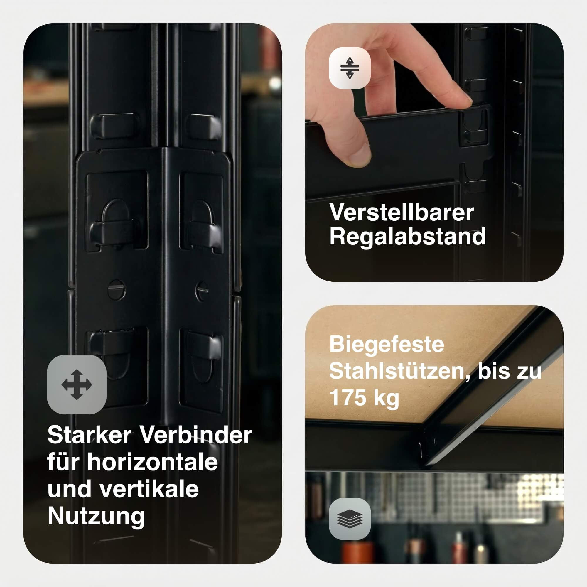 Stabiler Verbinder, verstellbarer Regalabstand, biegefeste Stahlstützen bis 175 kg.