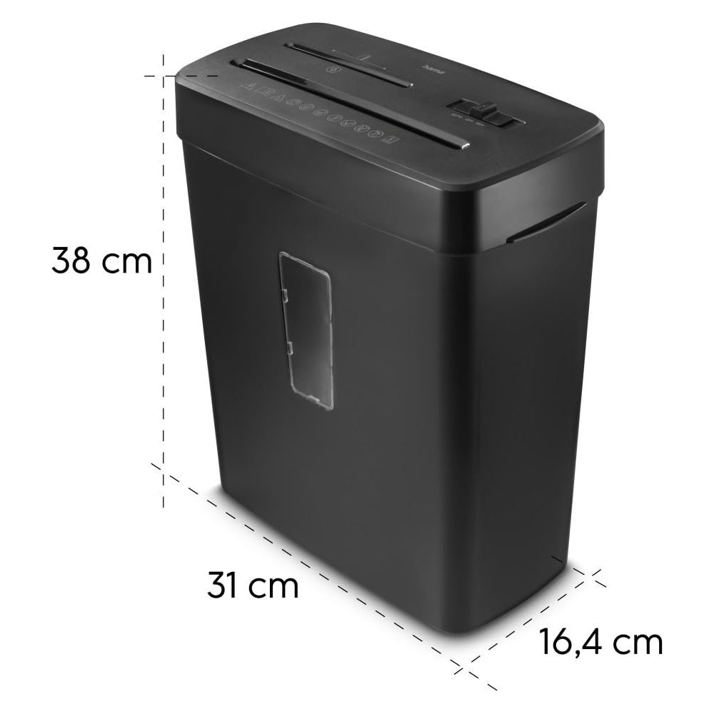 Czarna niszczarka do papieru o wymiarach 38x31x16,4 cm. Z okienkiem podglądowym.