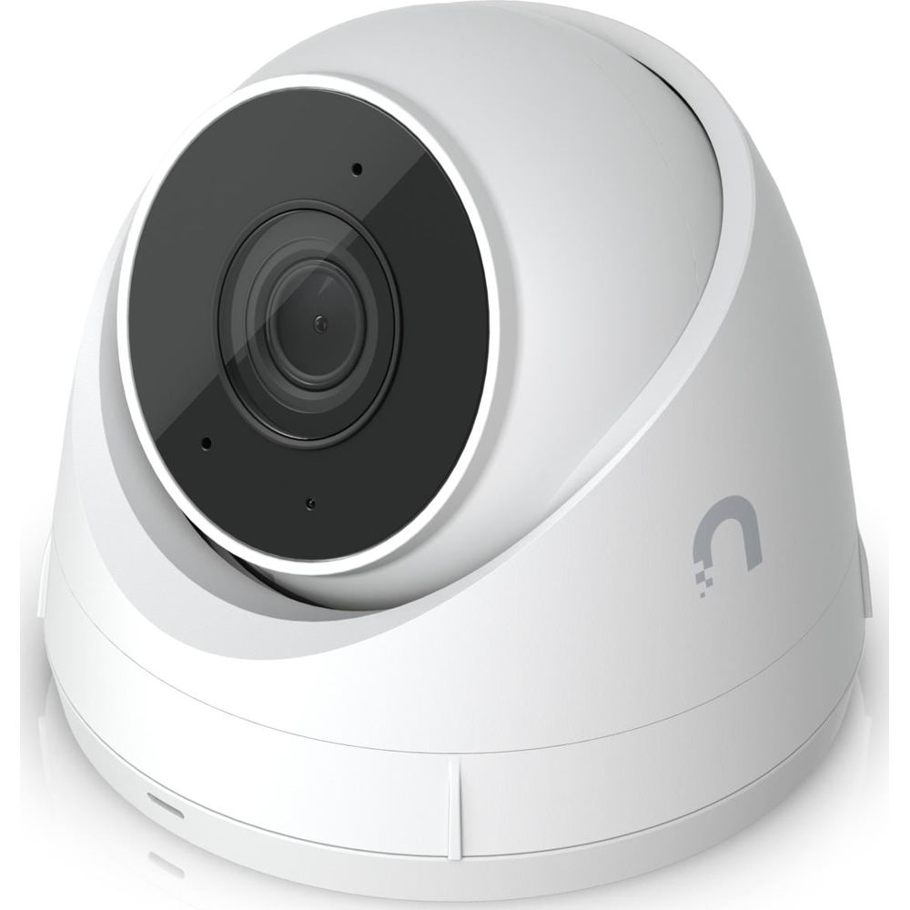 Biała kamera bezpieczeństwa z czarnym obiektywem i logo.