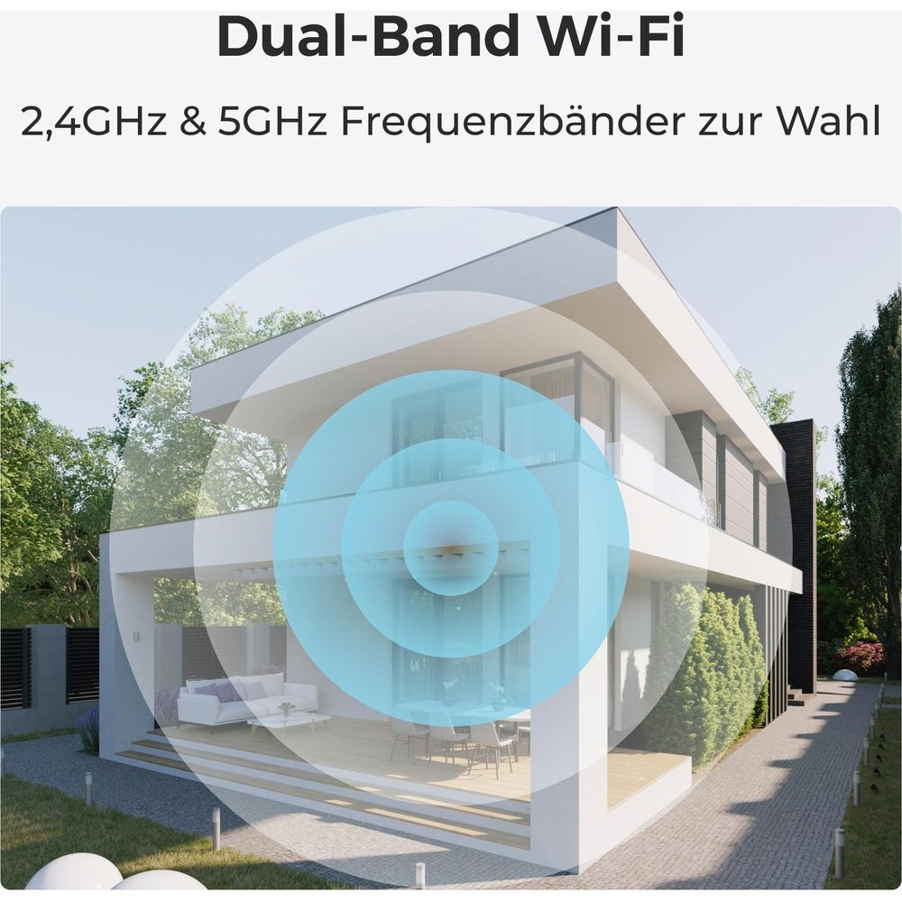 Casa moderna con sovrapposizione del segnale Wi-Fi sul davanti.