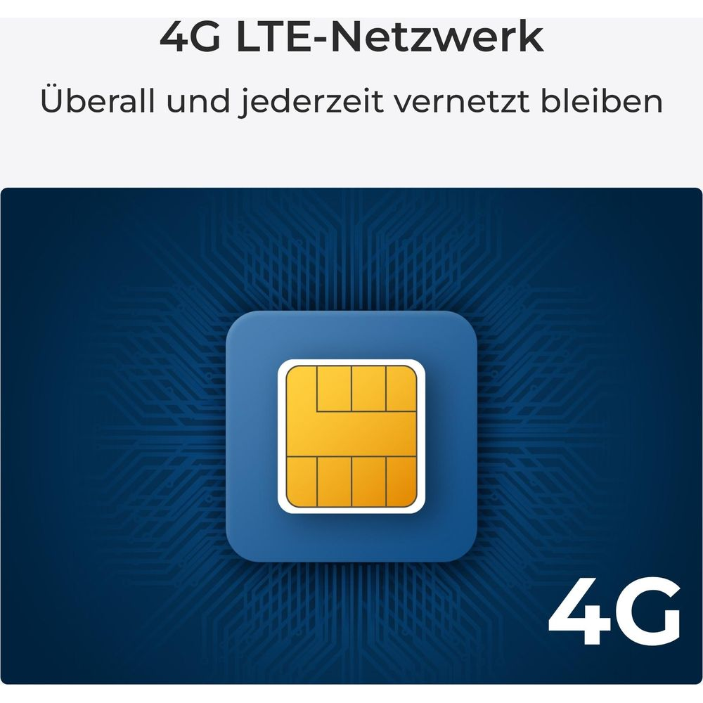 Blauer SIM-Kartenhalter mit gelber SIM-Karte und "4G"-Logo auf blauem Hintergrund.