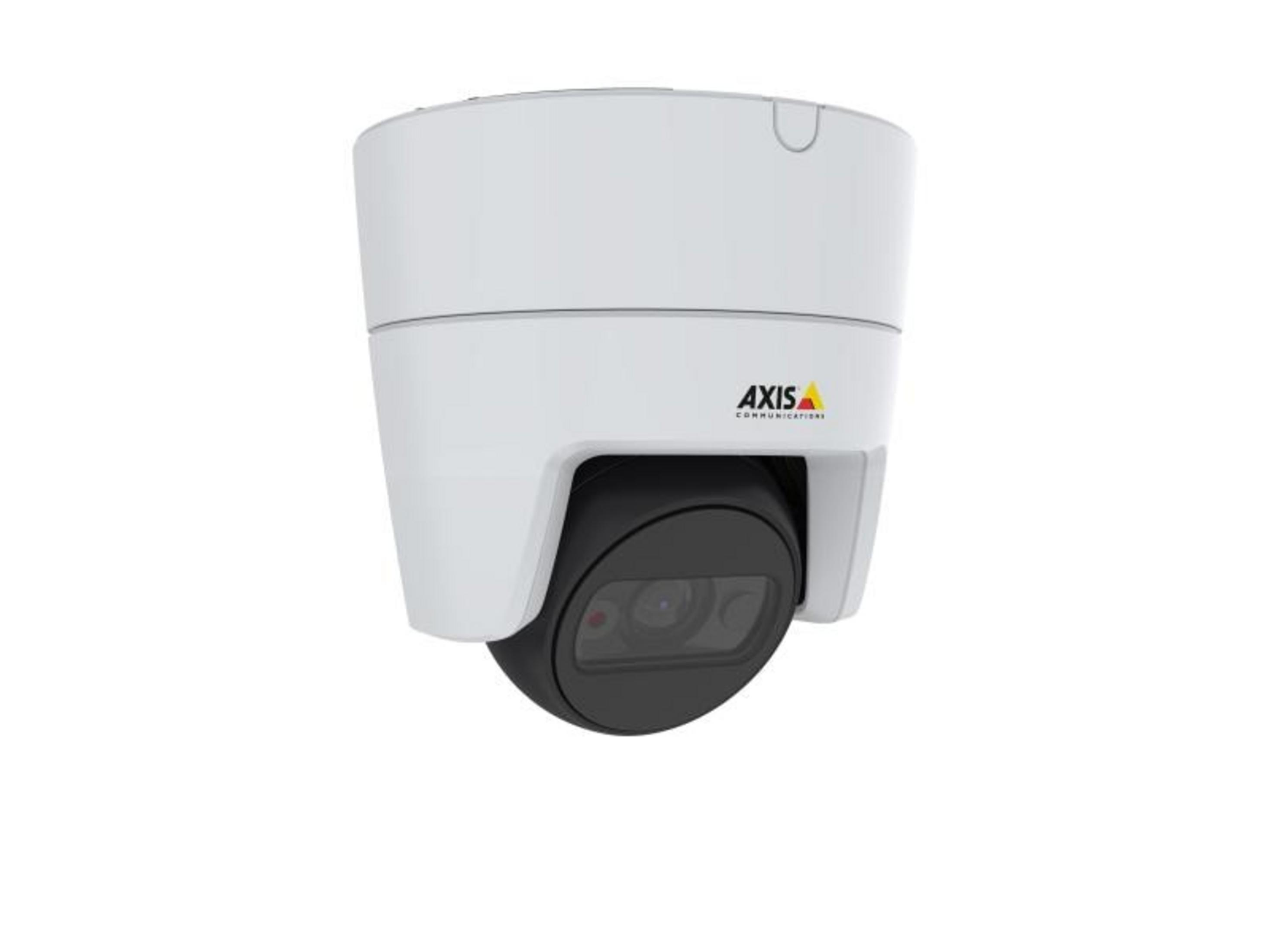 Una cámara de vigilancia blanca con lente negra y logo AXIS.