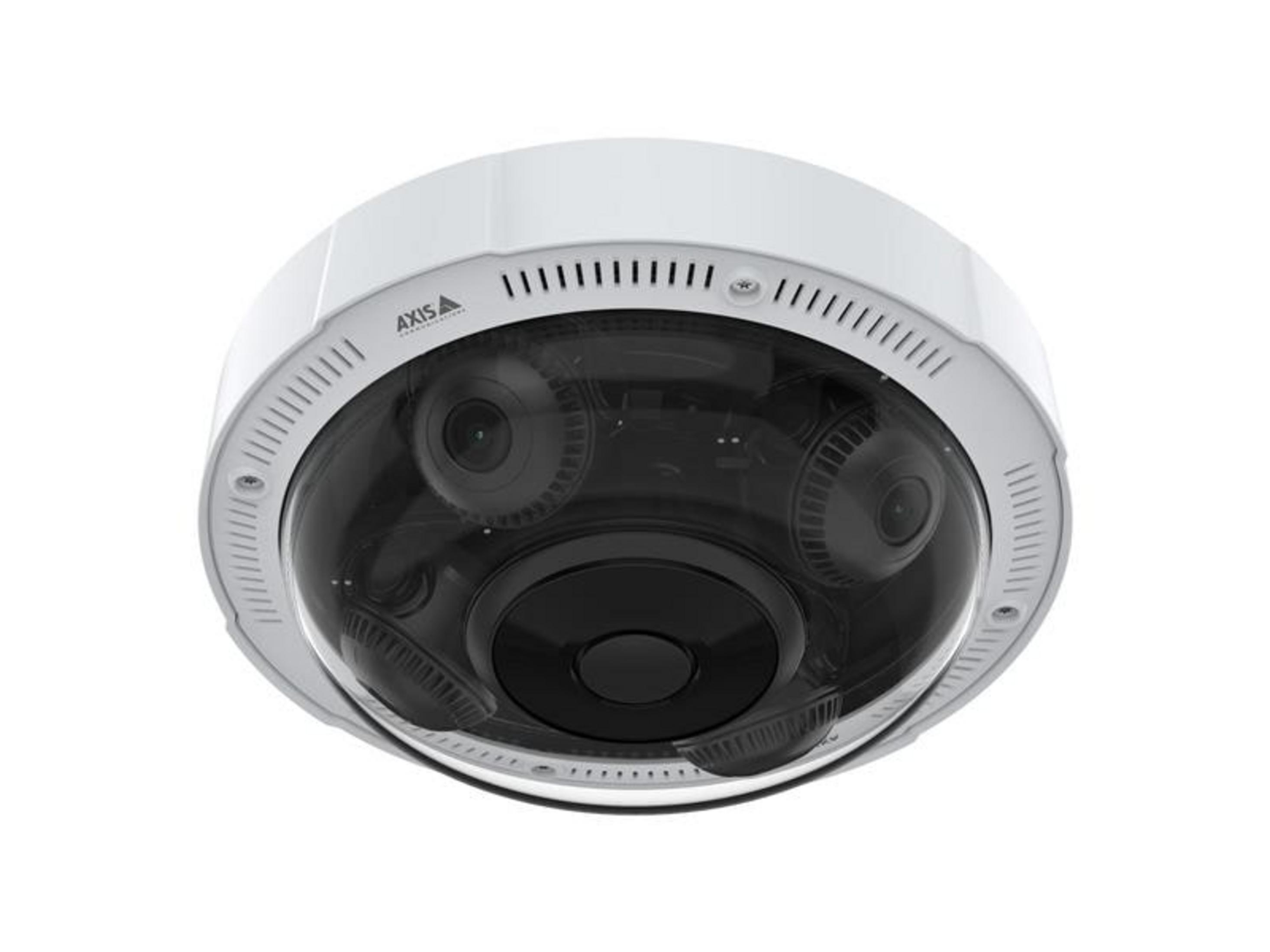 Biała kamera bezpieczeństwa z wieloma obiektywami i przezroczystą obudową.