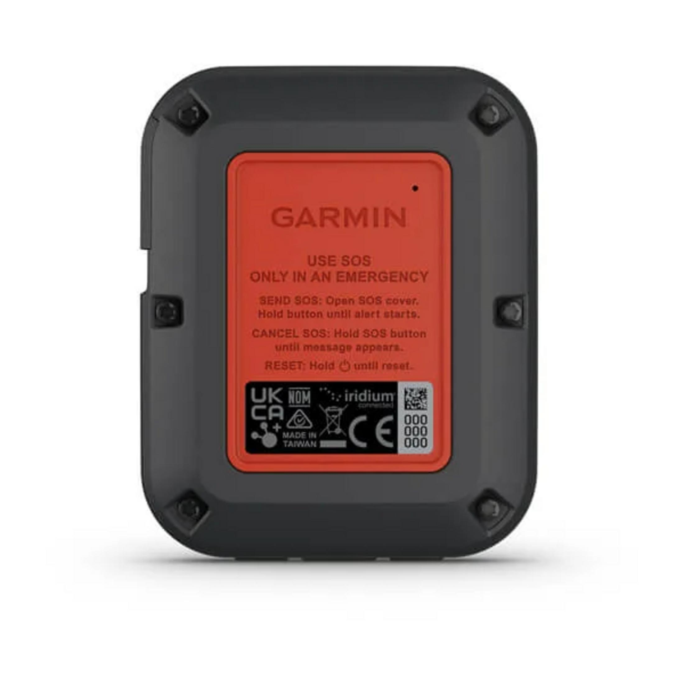 Rückseite eines schwarzen Garmin Geräts mit roten SOS-Anweisungen.