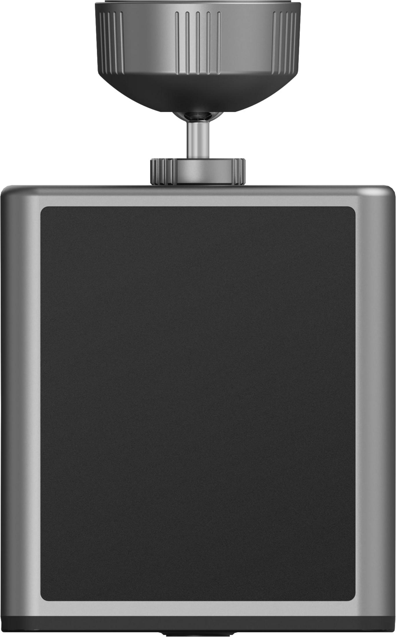 Szare urządzenie z czarnym ekranem i radełkowanym pokrętłem.